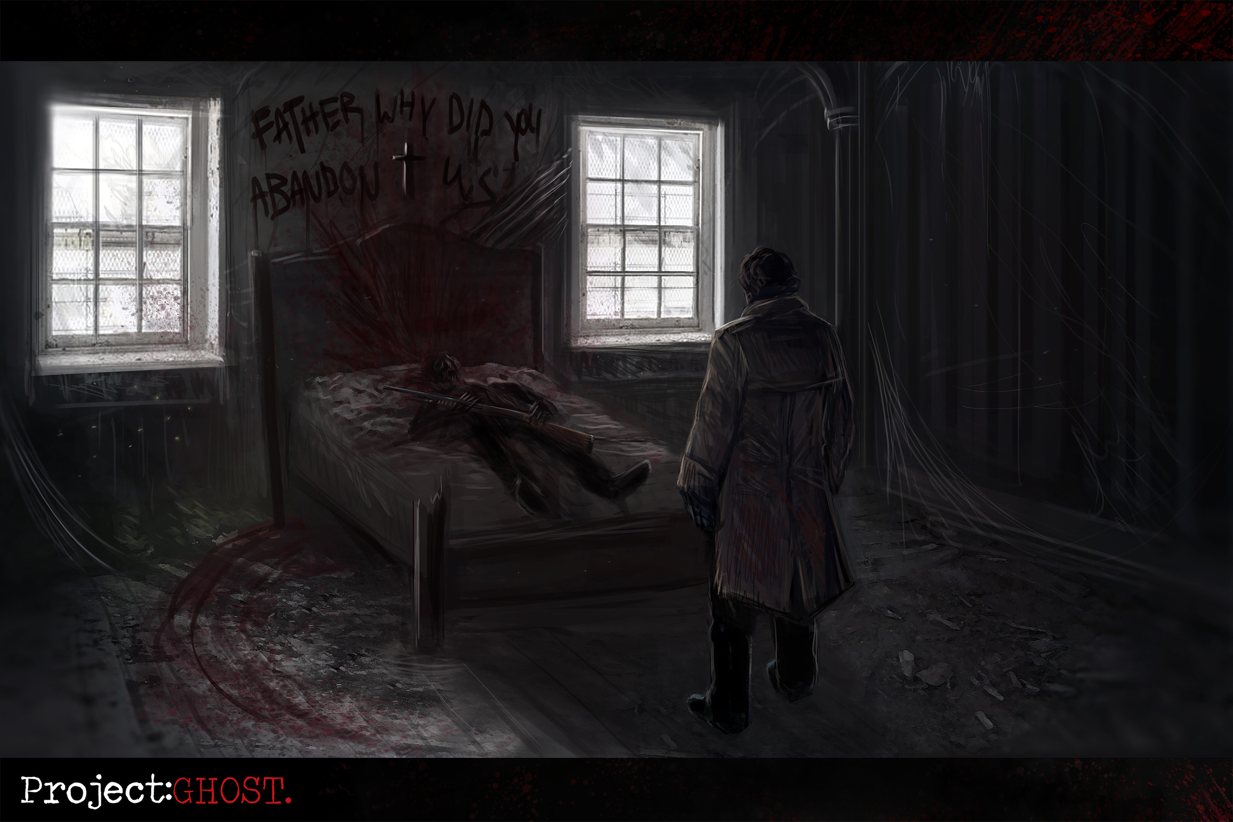 Thumbnail 6: Peter later finds the cabin in the woods, where religious symbolism is depicted as David’s ‘dead’ body is laying on his bed with ‘old’ blood splattered up the wall. Perhaps taking the shotgun out of his arms triggers something…  