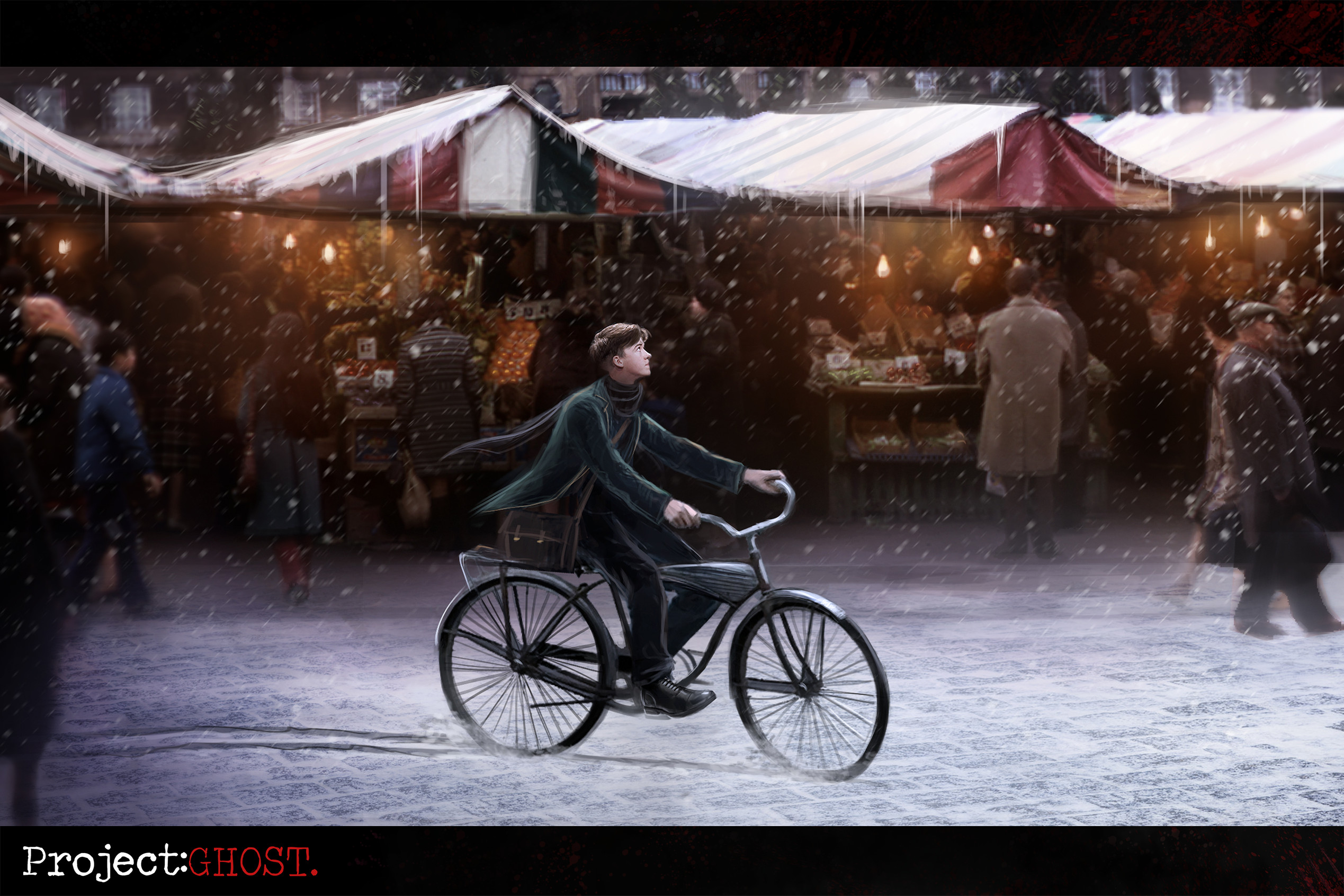 Thumbnail 1: Flynn Reed, a 17 year old boy (before his death) cycling through the market in Rivenbrook. (Photobash inspired by old Norwich.)