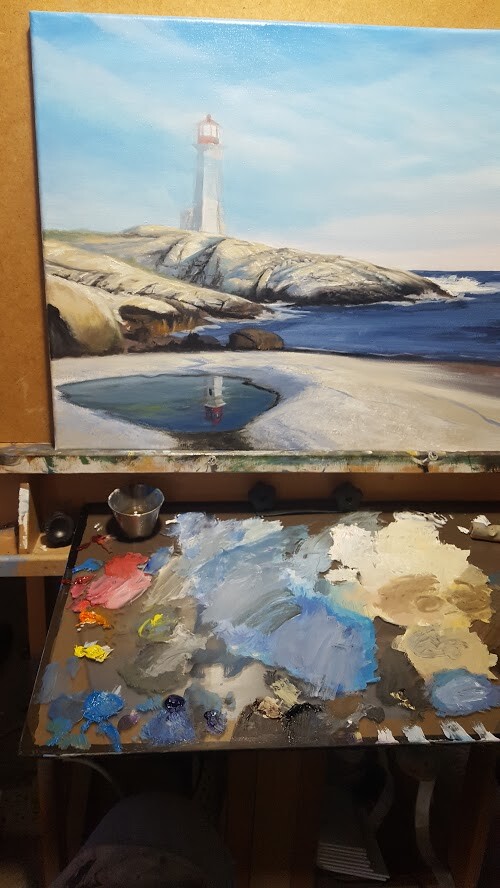 Peggys Point Lighthouse. Oil painting. Work in progress