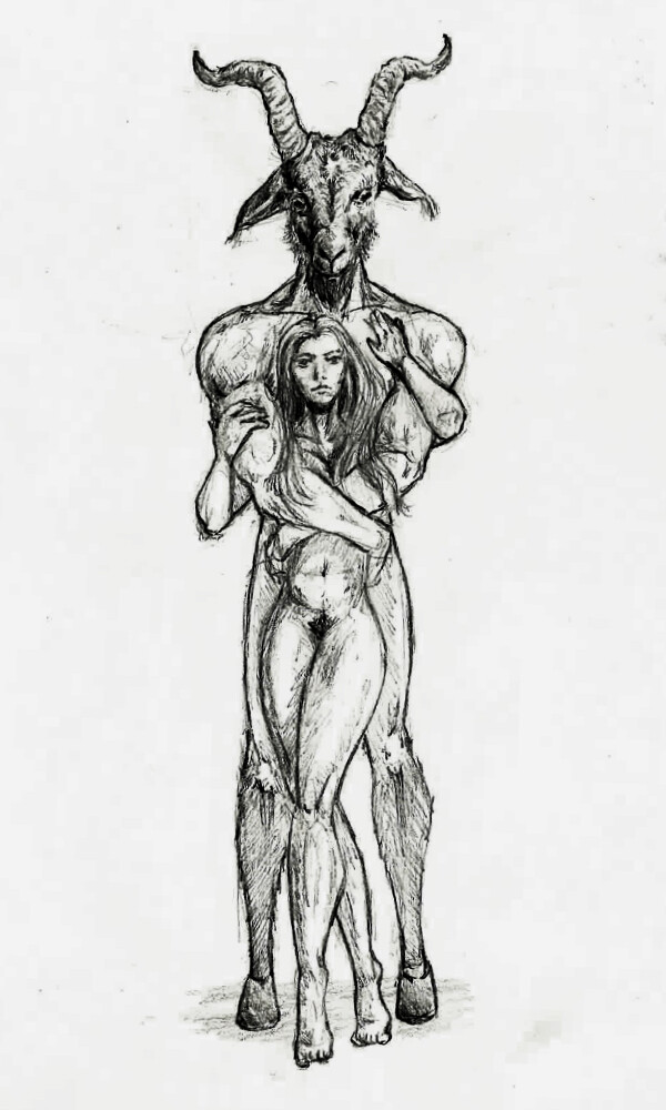 Sketch drawing devil and woman.