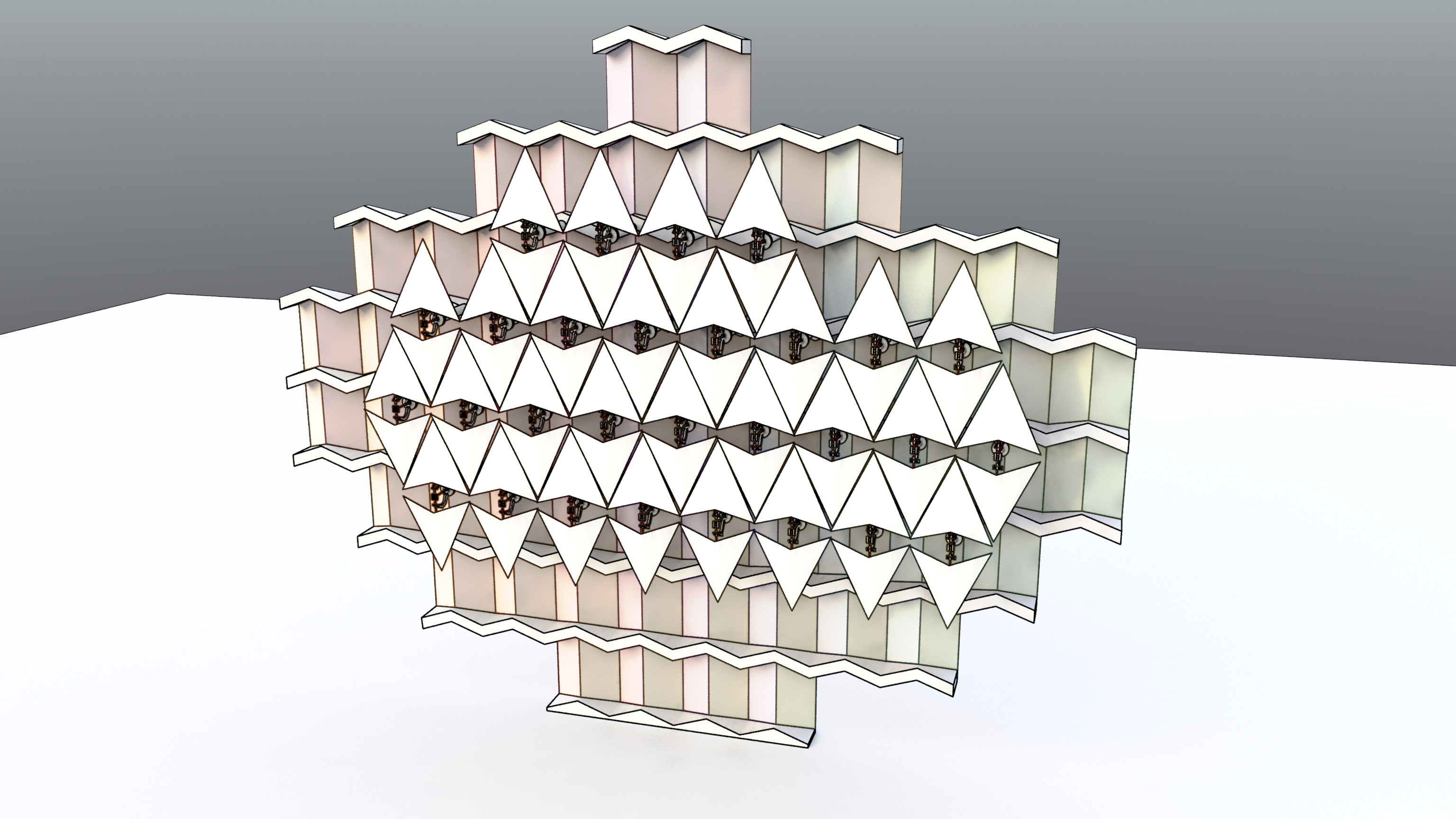 180º opposed scales setup: maximum shading over chevron butt-glazed static façade.