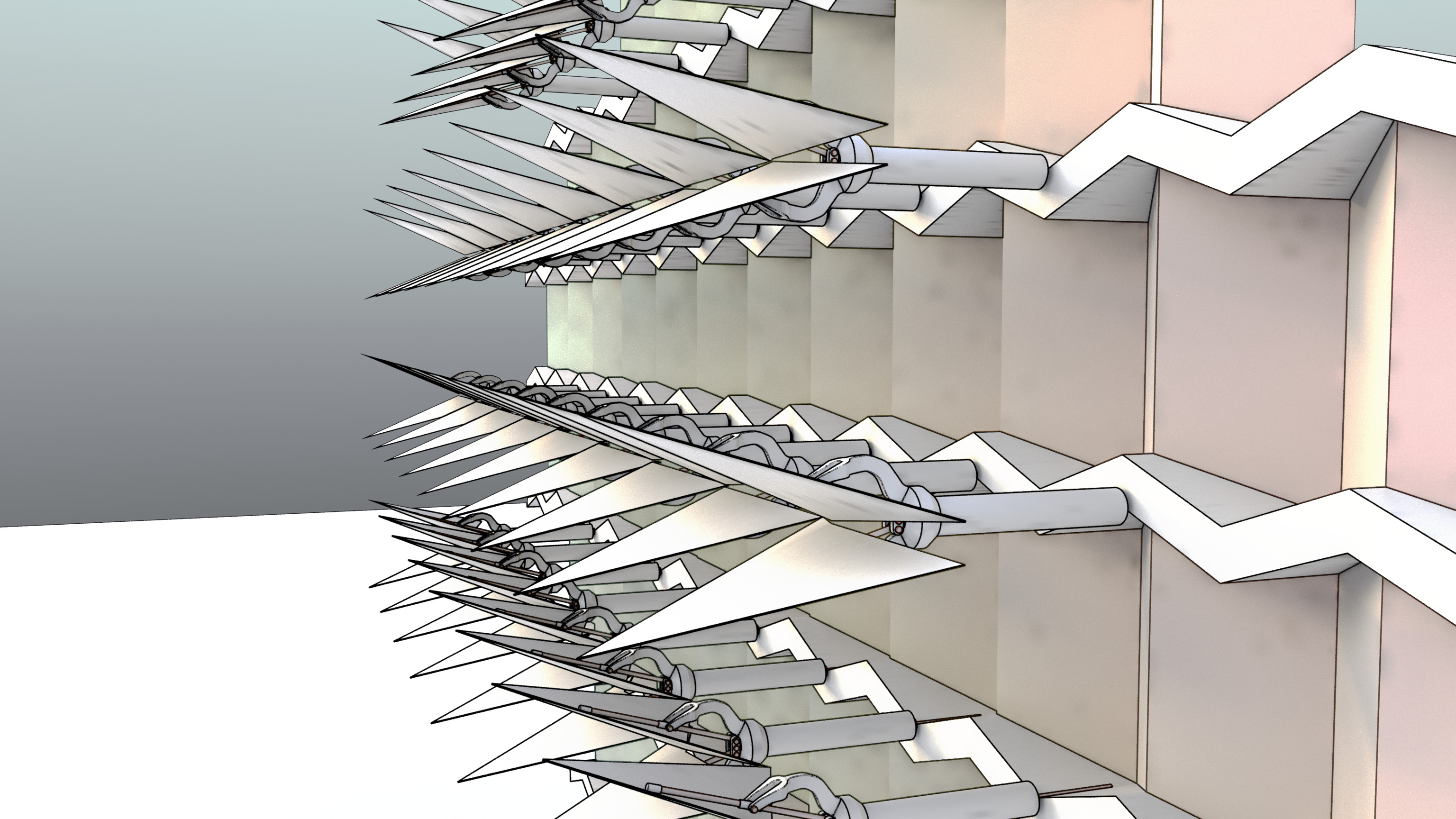 180º opposed scales setup: low shading over chevron butt-glazed static façade - close-up.