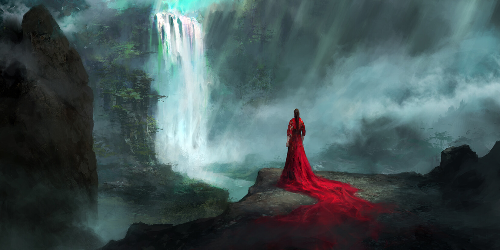 Песня водопад небес. Chris Cold. Chris Cold Art. Источник фэнтези арт. Арт девушка в костюме возле водопада.