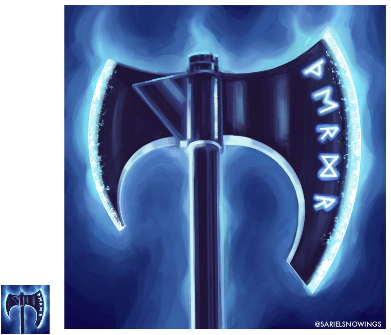 This is one of my favourite weapon icons I’ve made, I really like the runes against the dark metal and the cool steam flowing from the blades representing the ice powers of this axe.