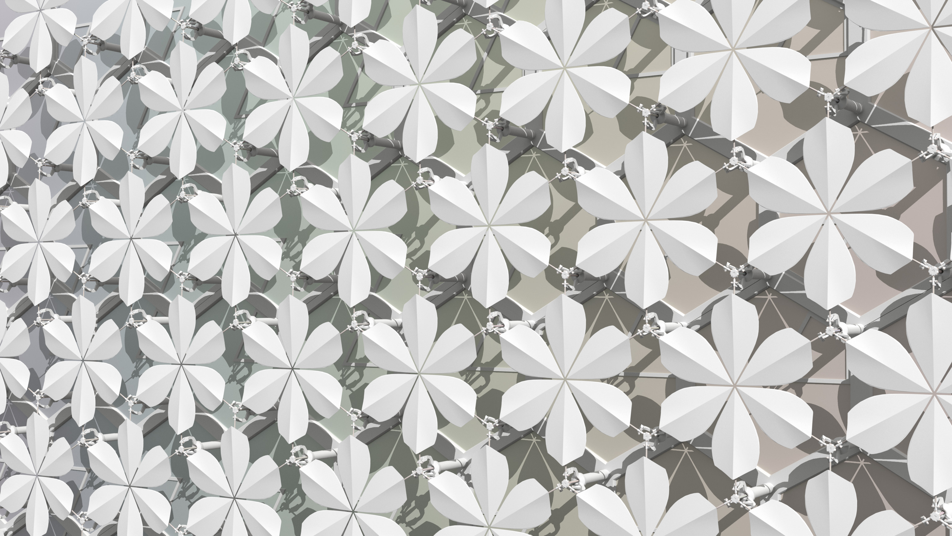 Flower scales 60º alignment: full shading over hexagonal static façade; on discovering that to avoid interference I needed to trim the back edges, I decided to consciously invoke biomorphic influences for both fit and æsthetics - I love this result.
