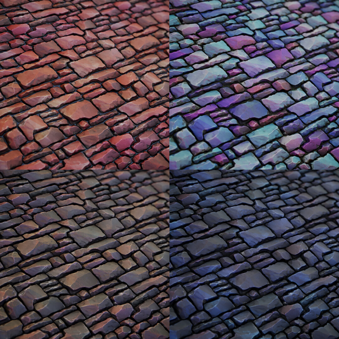 All using the same lighting, the color variations come from the base color using the slope angles.