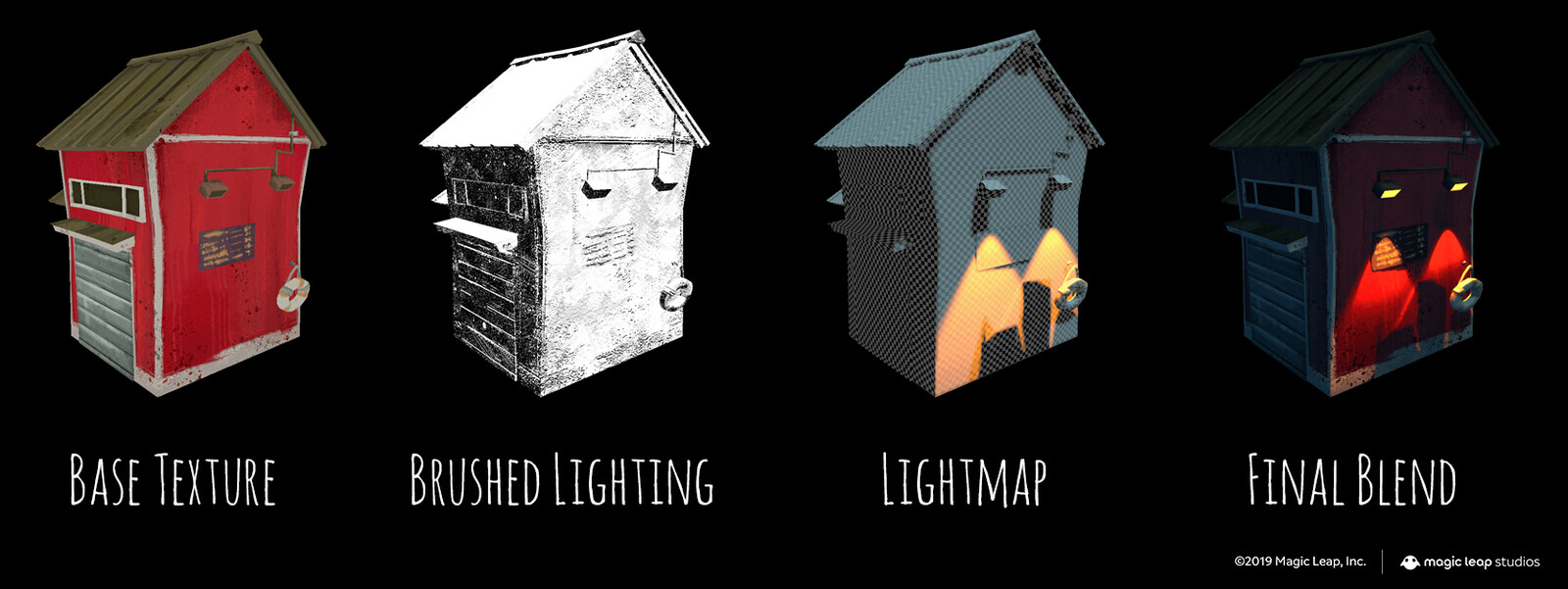 The unbaked visual development was generally composed of these 3 terms: Base Texture, stylized "Brushed Lighting" and the stylized lightmap. If needed, artists had the flexibility to tune the second two terms within each material.