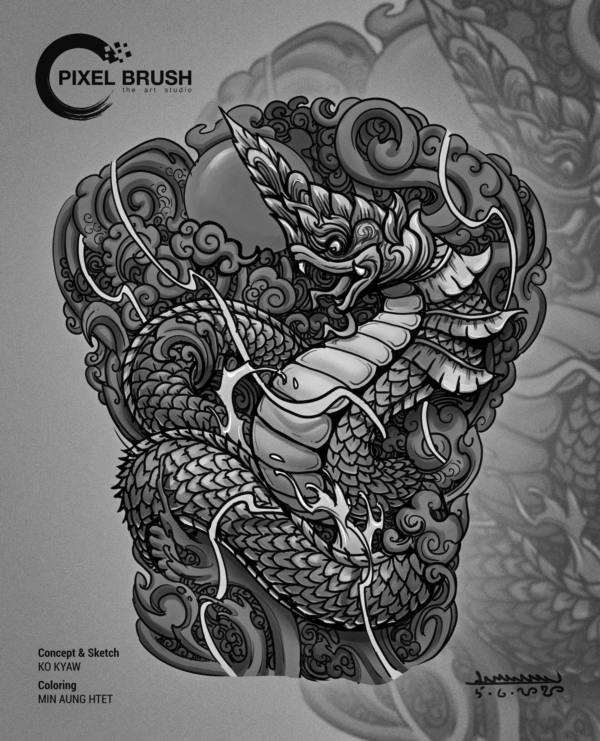 Artstation Myanmar Traditional Dragon Design For Tattoo Ko Kyaw Pixel Brush Artstudio