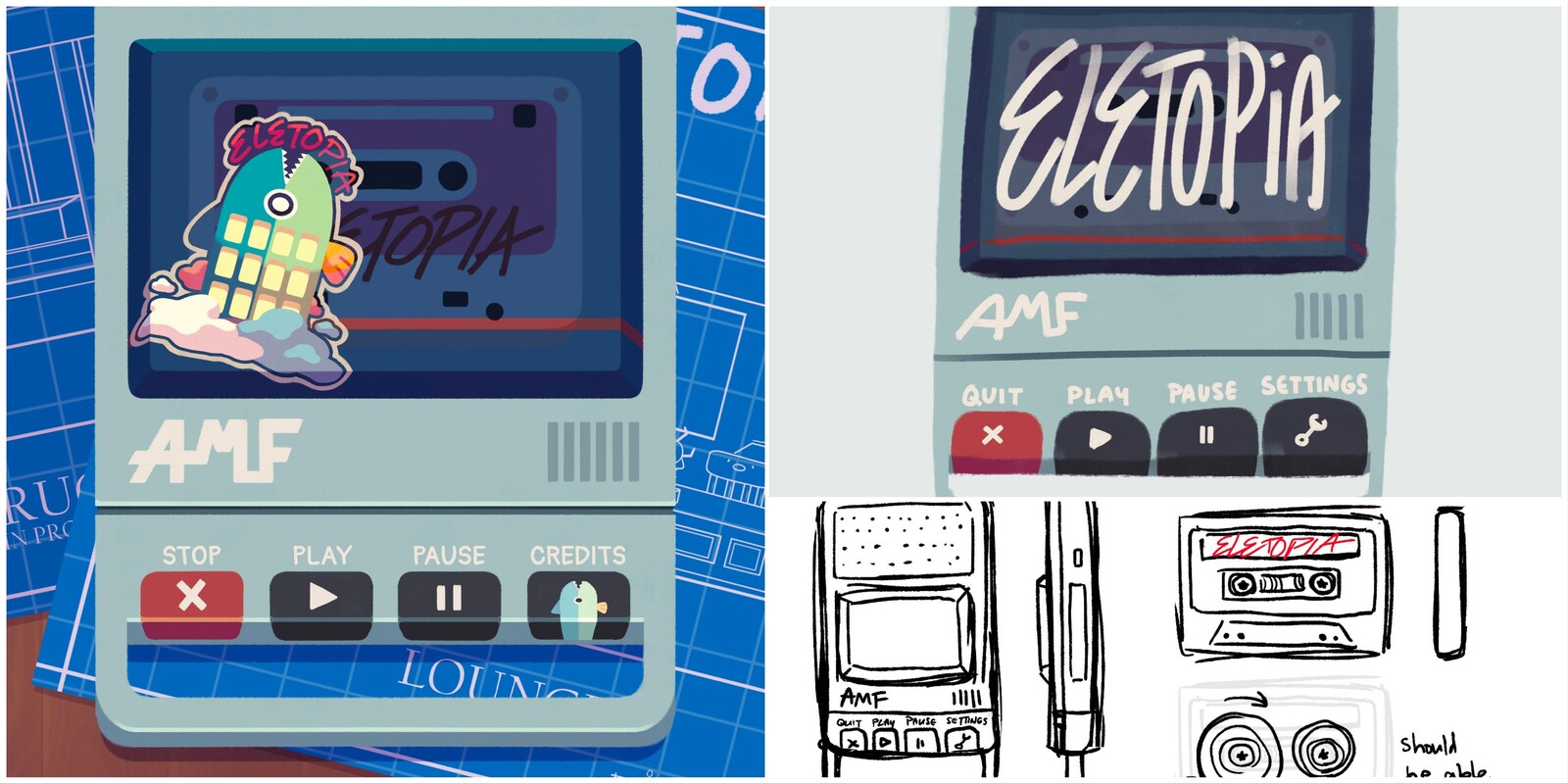 Top right was the initial sketch for the title screen. Originally meant to be 3D, so I made a turnaround for the cassette player.