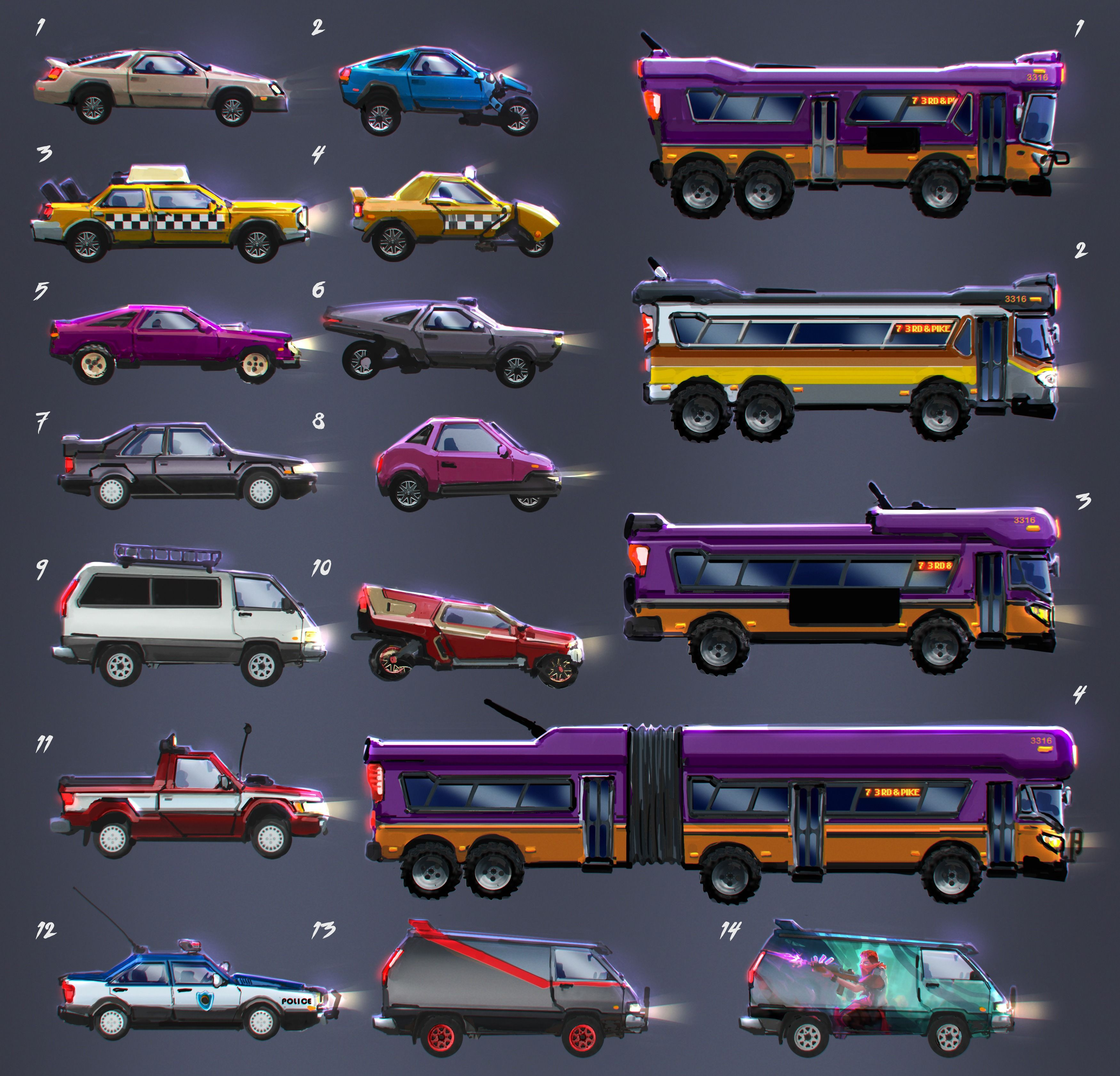 Car sketches. Ended up finding a lot of inspiration in chunky 80s Hot Wheels