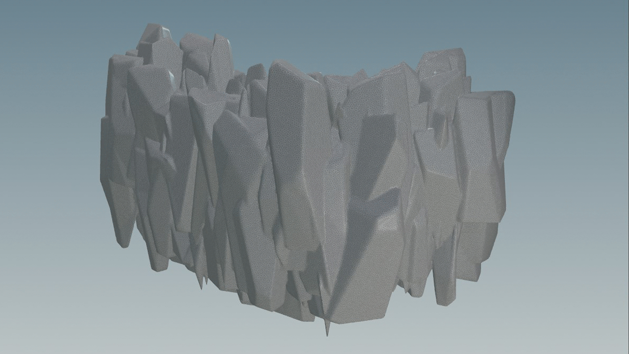 The segments are voxelized  and re-meshed into one solid piece. A mountain SOP is used to displace the surface and add further variation and grids are positioned to slice the rock face into layers. 
