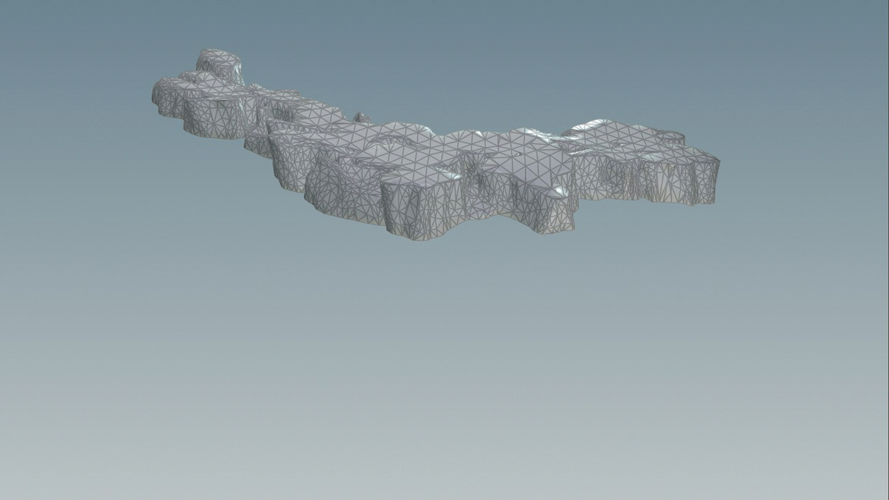 Each layer slice has it's poly count reduced and edges jittered to break up the layers and add more distinct shapes.  A Vornoi fracture is used to break the layers up into chunks. Small chunks are deleted and each layer is scaled randomly by a set amount.