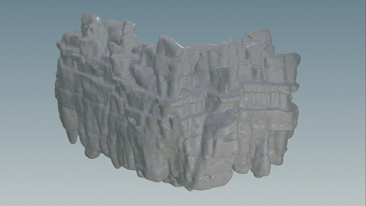 A lower resolution version of the base is used to define the flat surface areas and curvature points at which pebble and rock scatter would be realistic. Randomized rocks are added to these points and merged with the base for the final high poly.