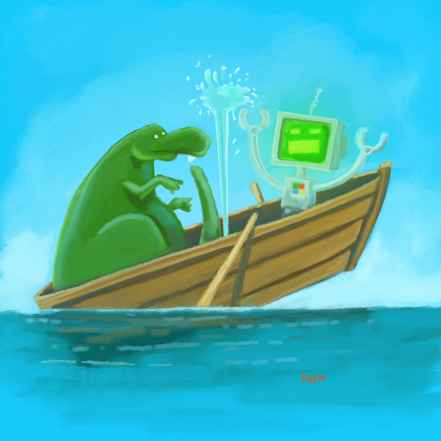 Dino is too large for the boat!