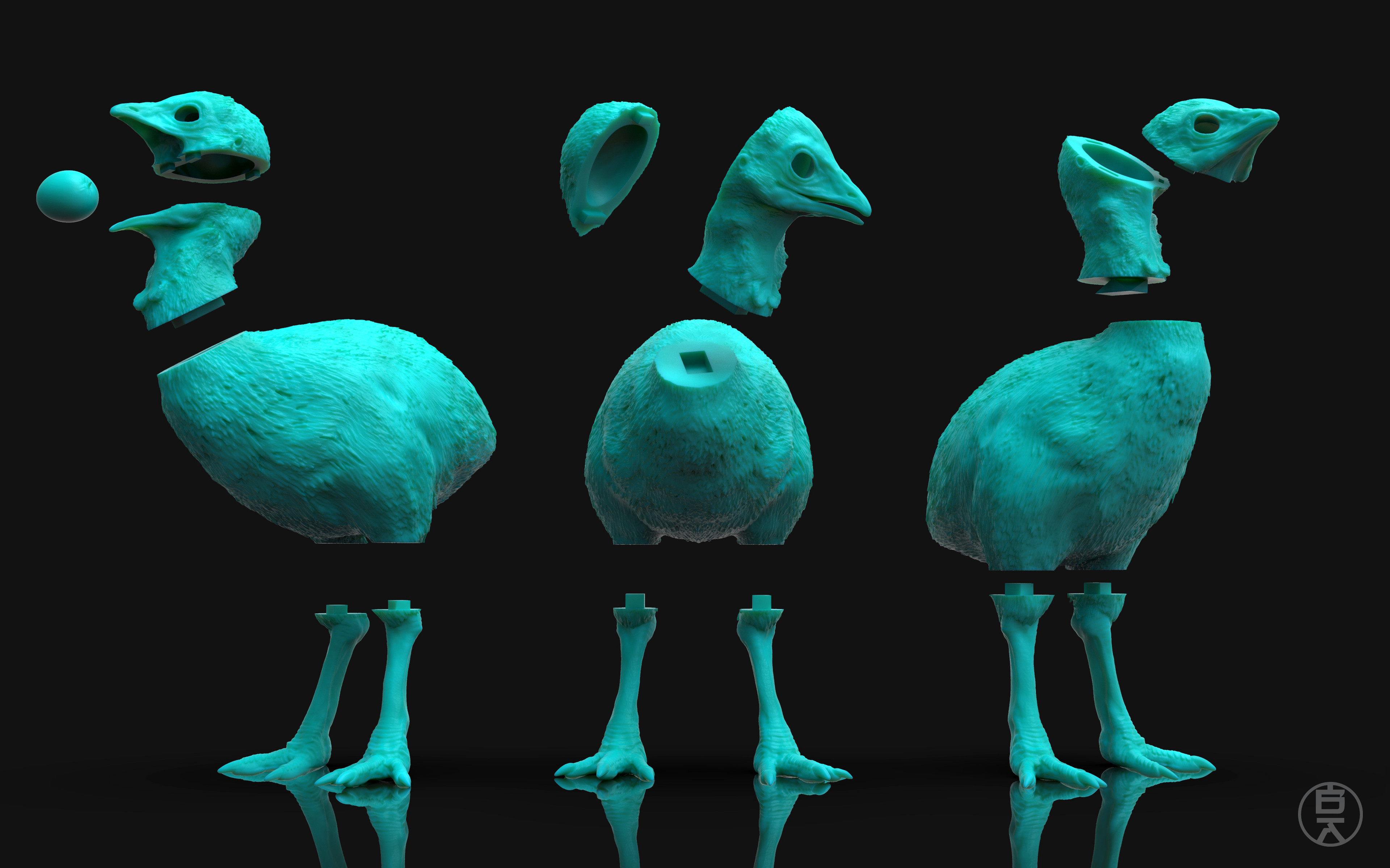 3D Printed Sections &amp; breakdown of parts for the cassowary chicks. Printed on the Formlabs Form 2