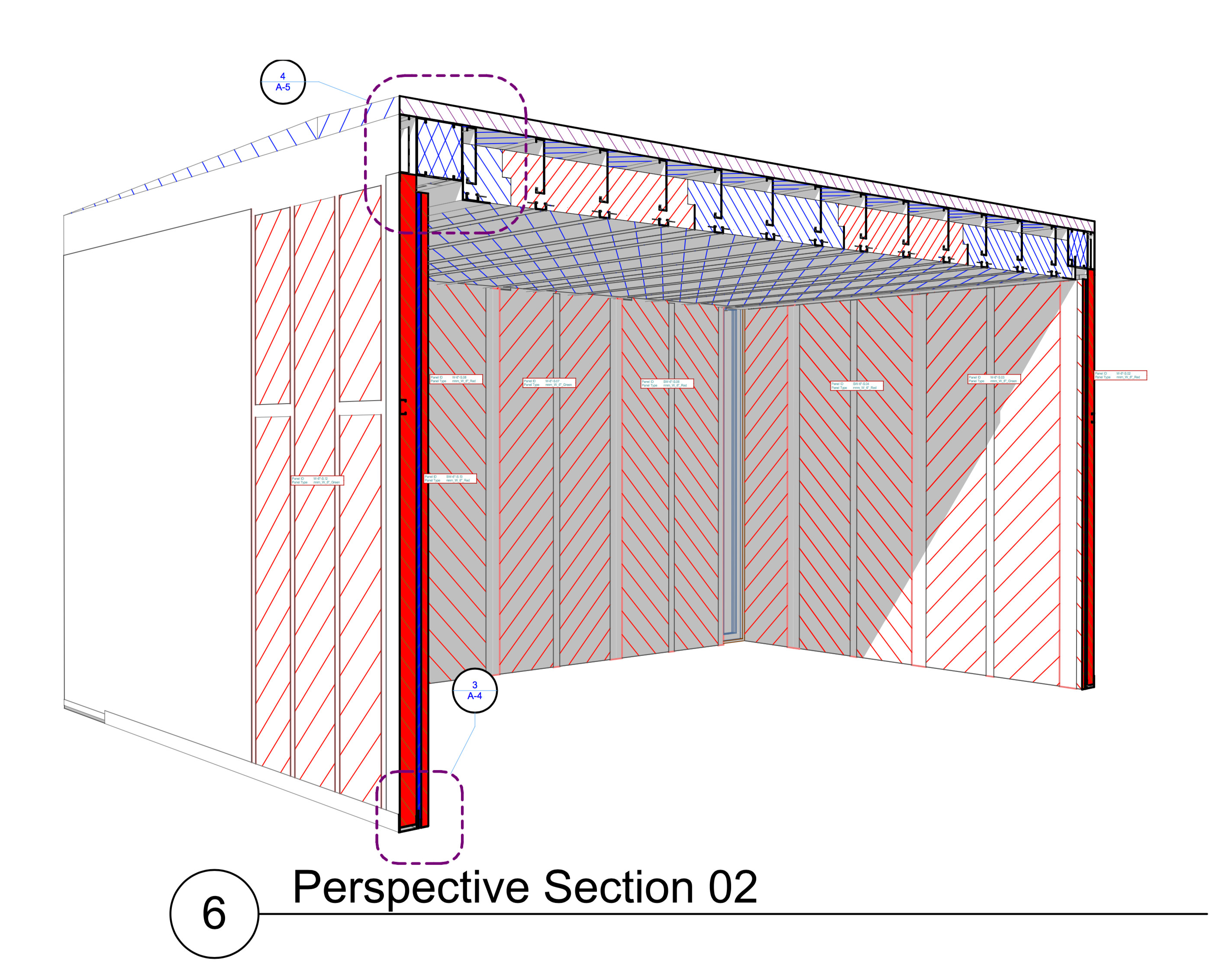 Perspective Section of shed overall, with wall-section level detail in cut elements, and a detail callout for the wall-ceiling assembly connection.