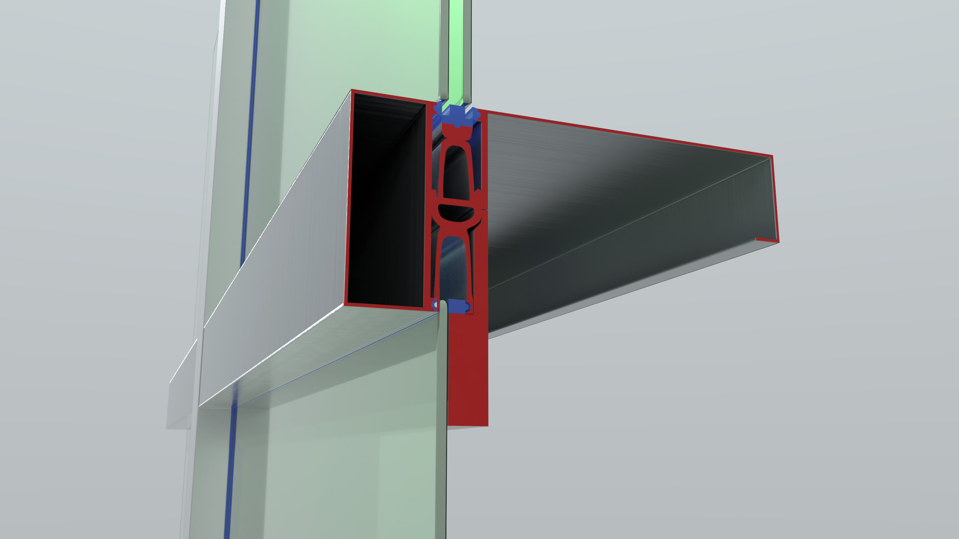 Façade system intersection with sectioned metal mullion profiles: architectural finish shaders