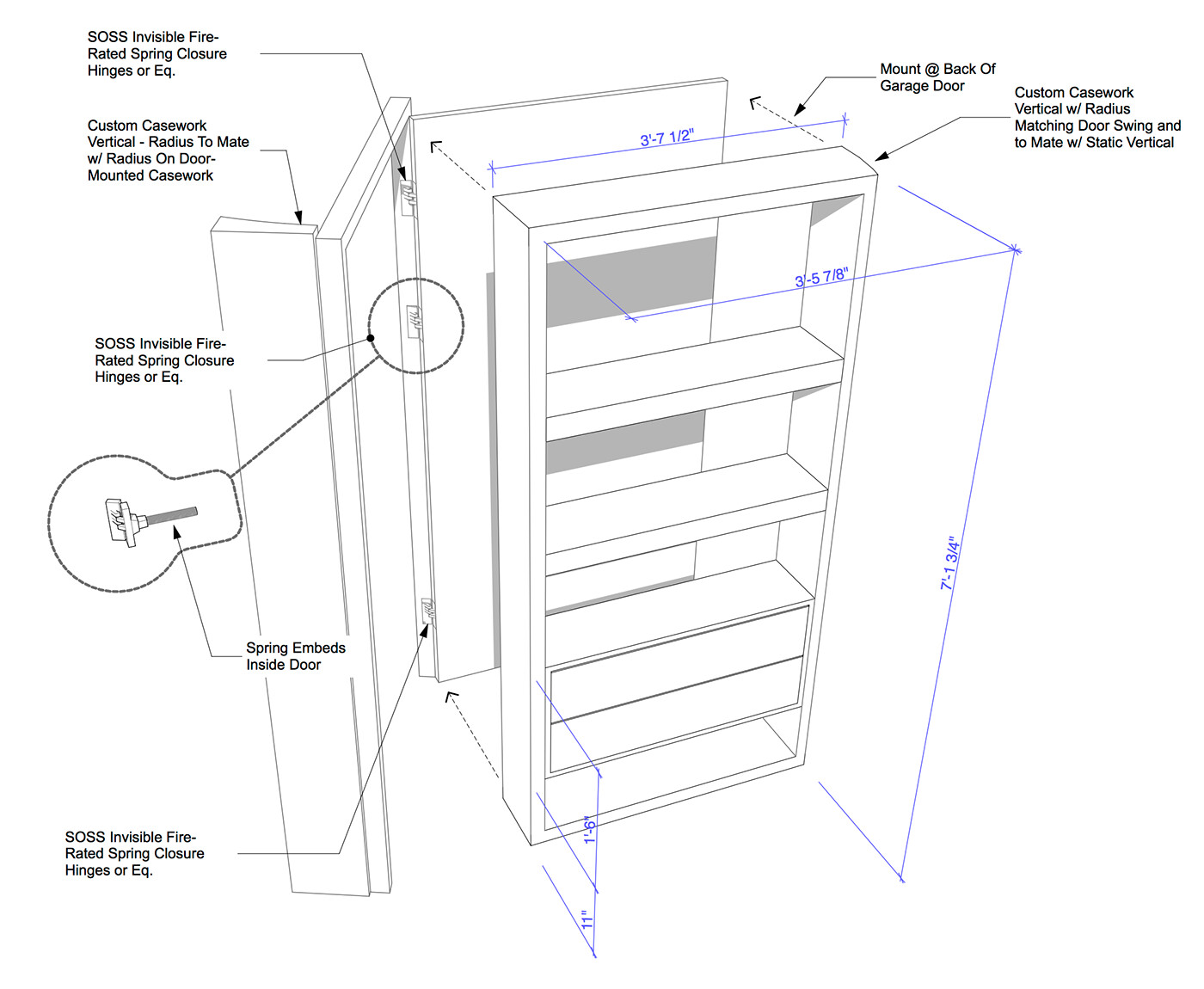 Perspective detailing of an unusual door and shelf system.