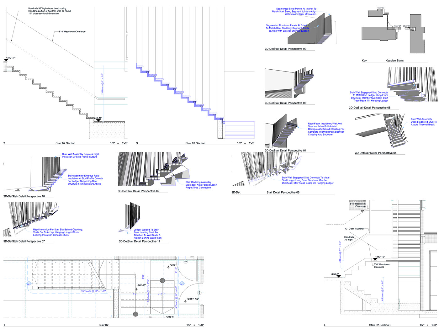 Here we see perspectives, perspective sections, 2D sections and plans all in one sheet: this should decrease any chances of error or misunderstanding.