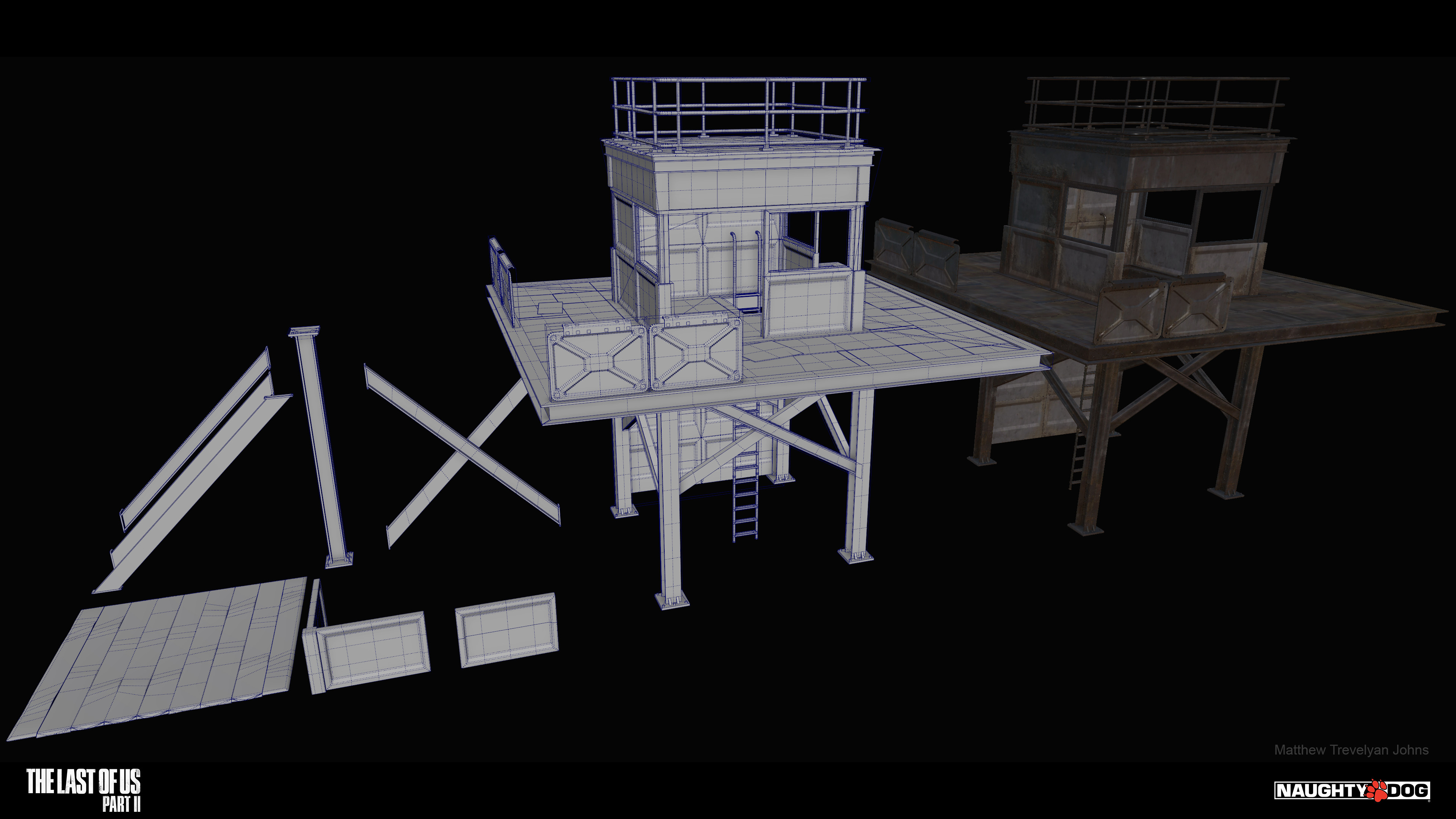 I also modelled this guard tower and all of it's parts in a modular fashion, so that other areas could benefit from it. I borrowed design elements from military vehicles for the armour panels, to help ground them with my other FEDRA vehicle designs