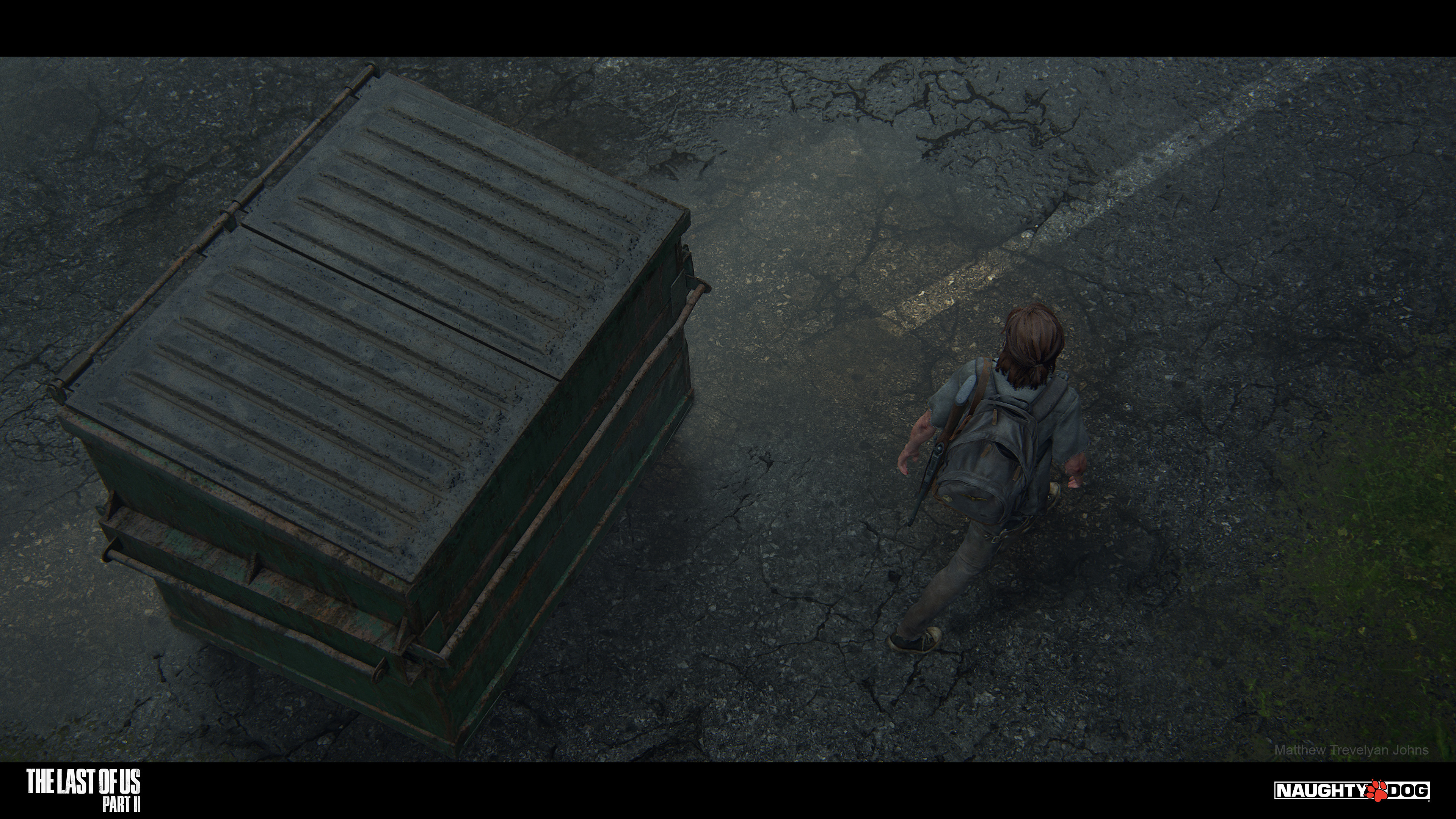 I was responsible for the baking, texturing and shading of the 'Last of Us Dumpsters' as well as working on the wetness response and puddles on the asphalt in this particular shot