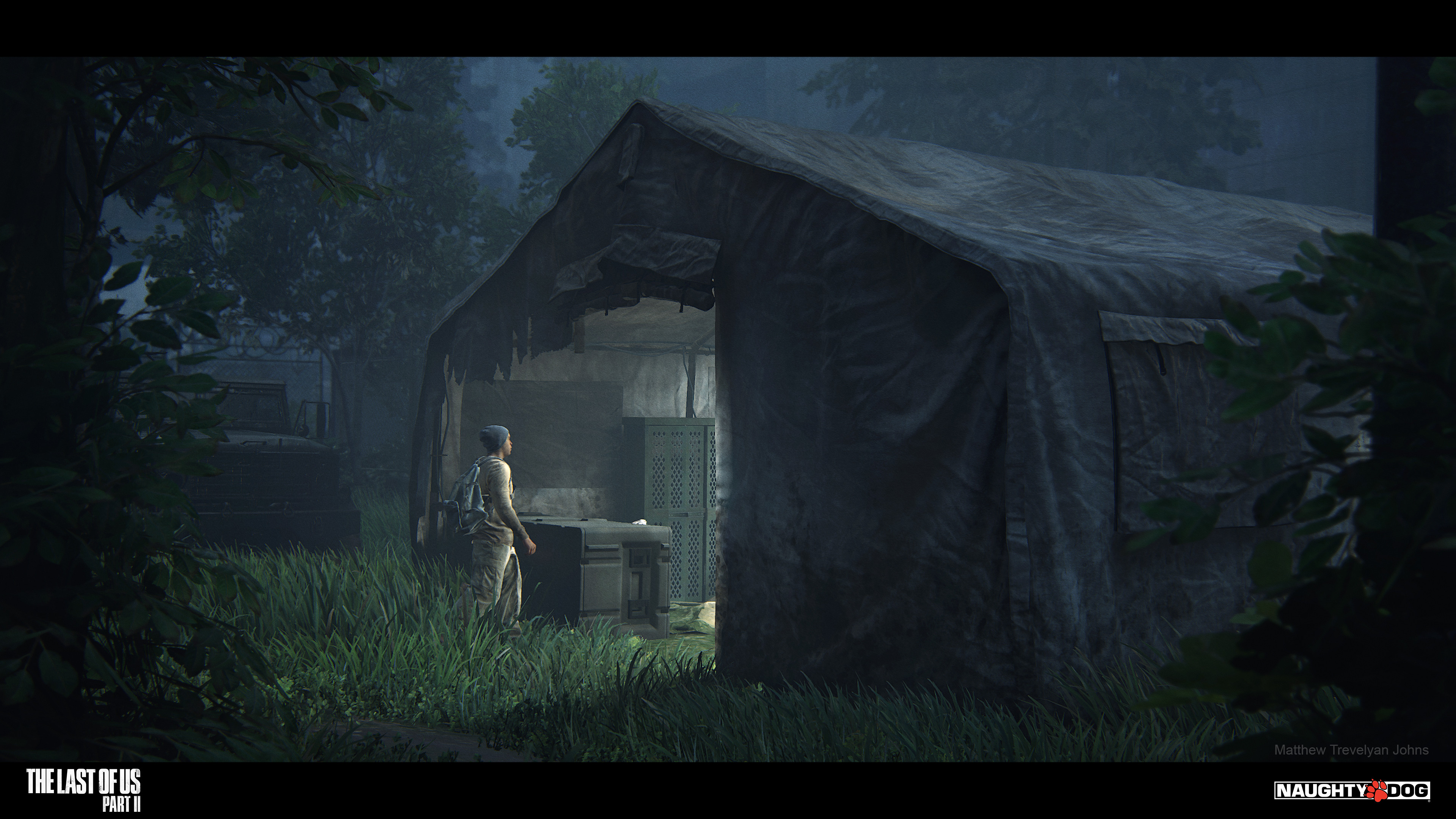 The tent high poly sculpt was provided by our amazing vendors, I then took the bakes and used them in custom shader setup that allowed for wetness effects, elevation based soil/grass staining as well as detail wrinkles, fabric texture and fraying edges
