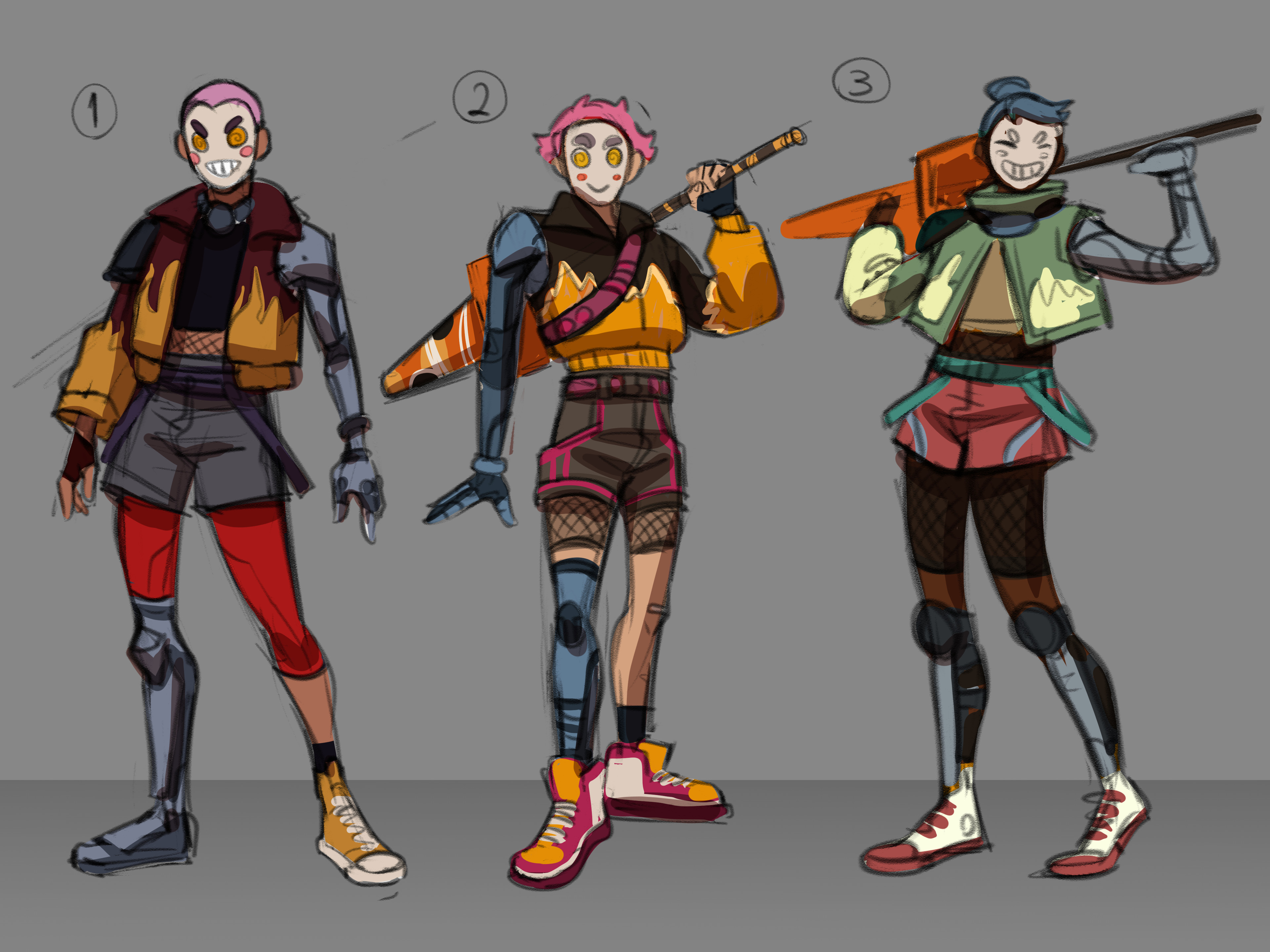 Some character iterations and color exploration for a few of the designs I liked the most.