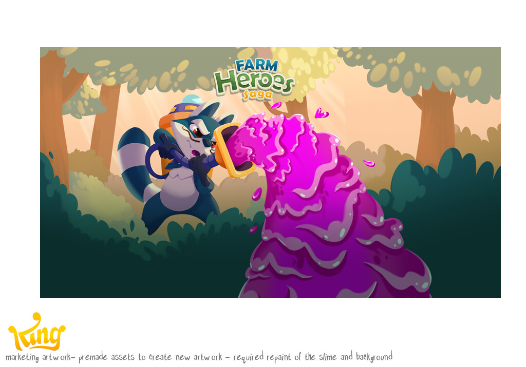 Marketing artwork for Farm Heroes Saga. Required extensive repaint of the foreground, background, and slime.  made using previously created assets