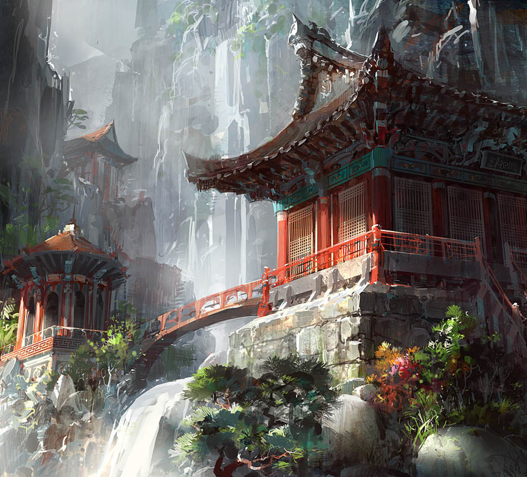 Concept Art environment храм Япония. Шаолинь храм пейзаж. Концепт арт Китай храм. Шаолиньский храм пейзаж гор.