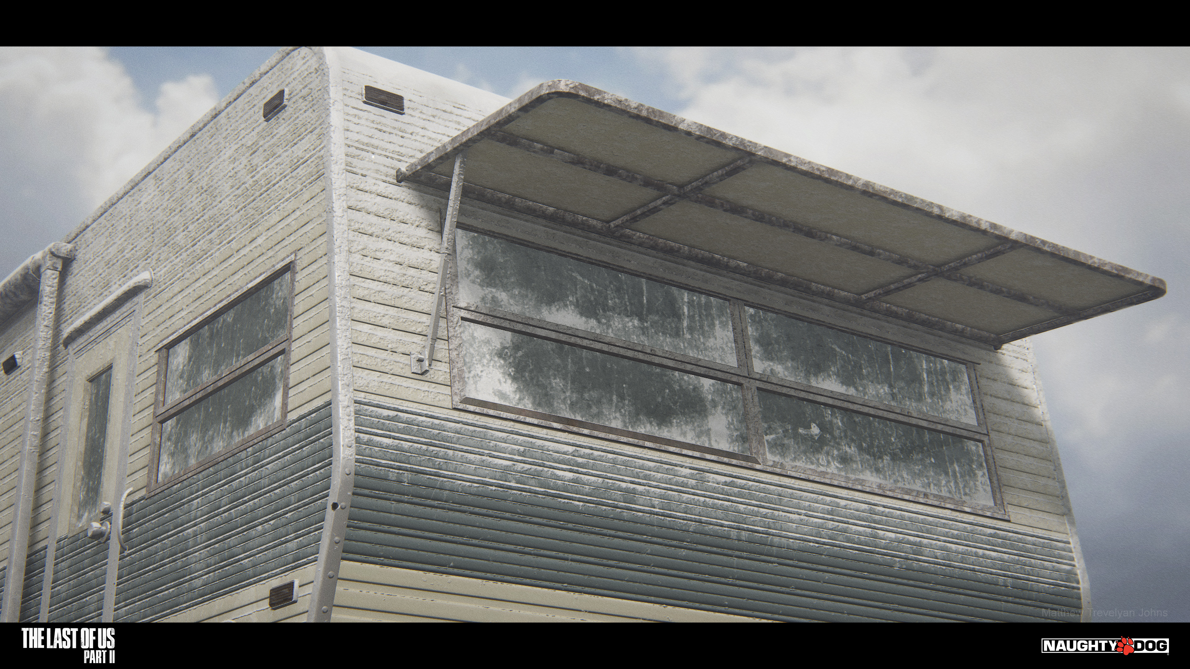 The RV that you explore at one point has a slightly different approach to the surface, using a slope blend driven by the normal detail within the texture I was able to simulate fine snow gathering along the paneling of the metal exterior