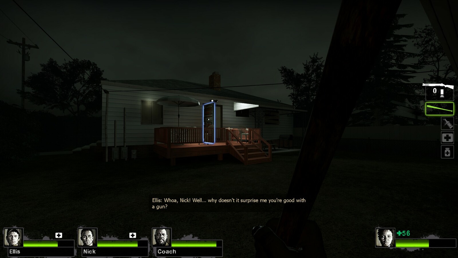 The last house players find is the safe house which will trigger the next level. Large glowing door helps player spot this easily in the dark as they're moving towards it.