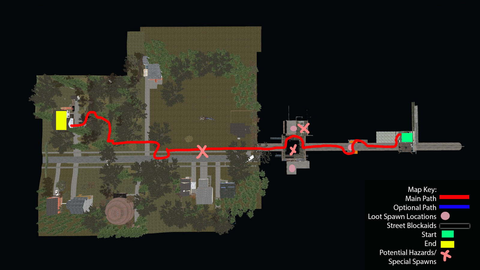 Top down view of the Sewer level. Players must follow the red path, this level is designed to be strictly linear with a few areas that move the player around to help break this up. 