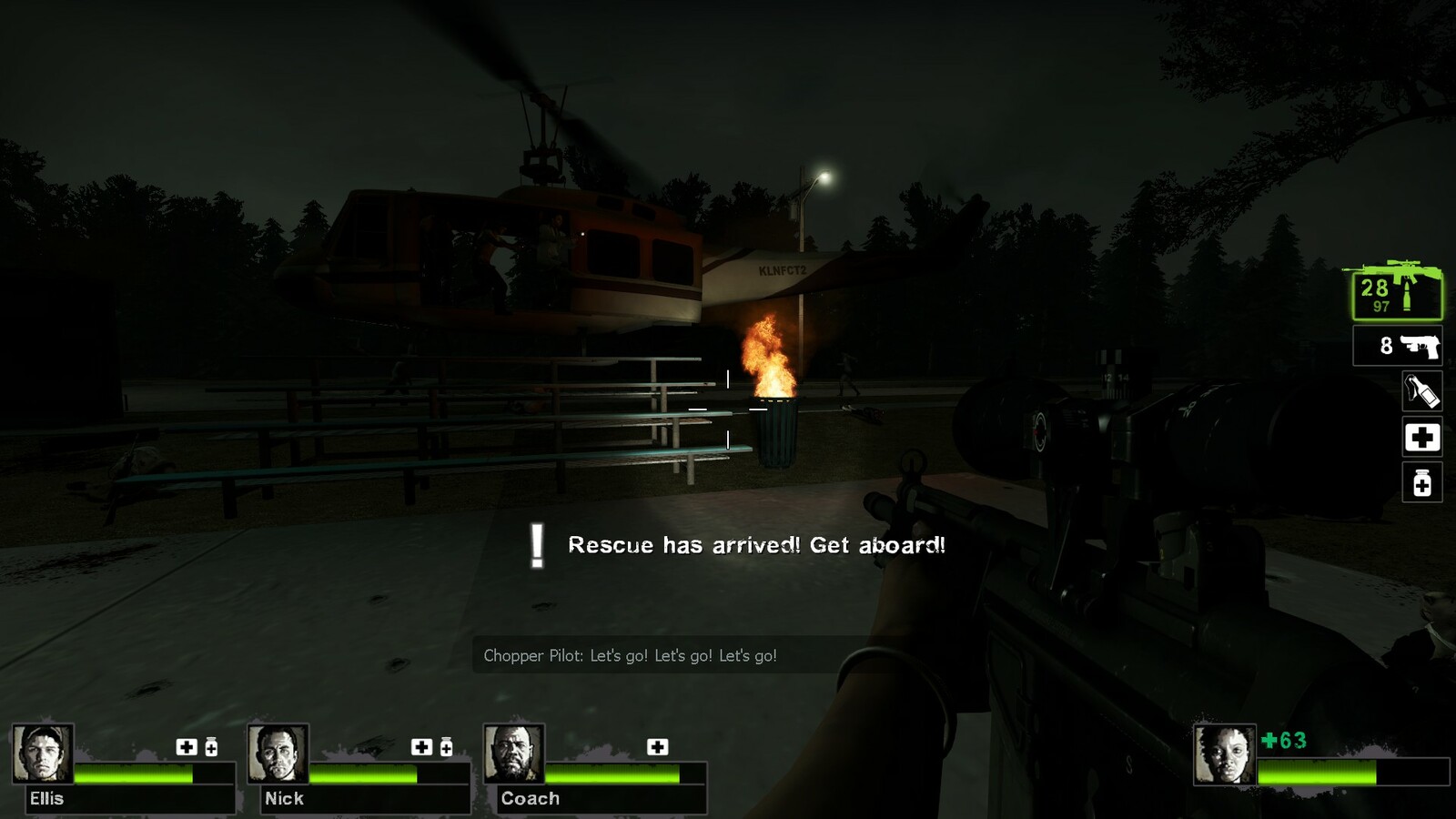 When rescue arrives via helicopter, players must enter to end the level and the campaign. 