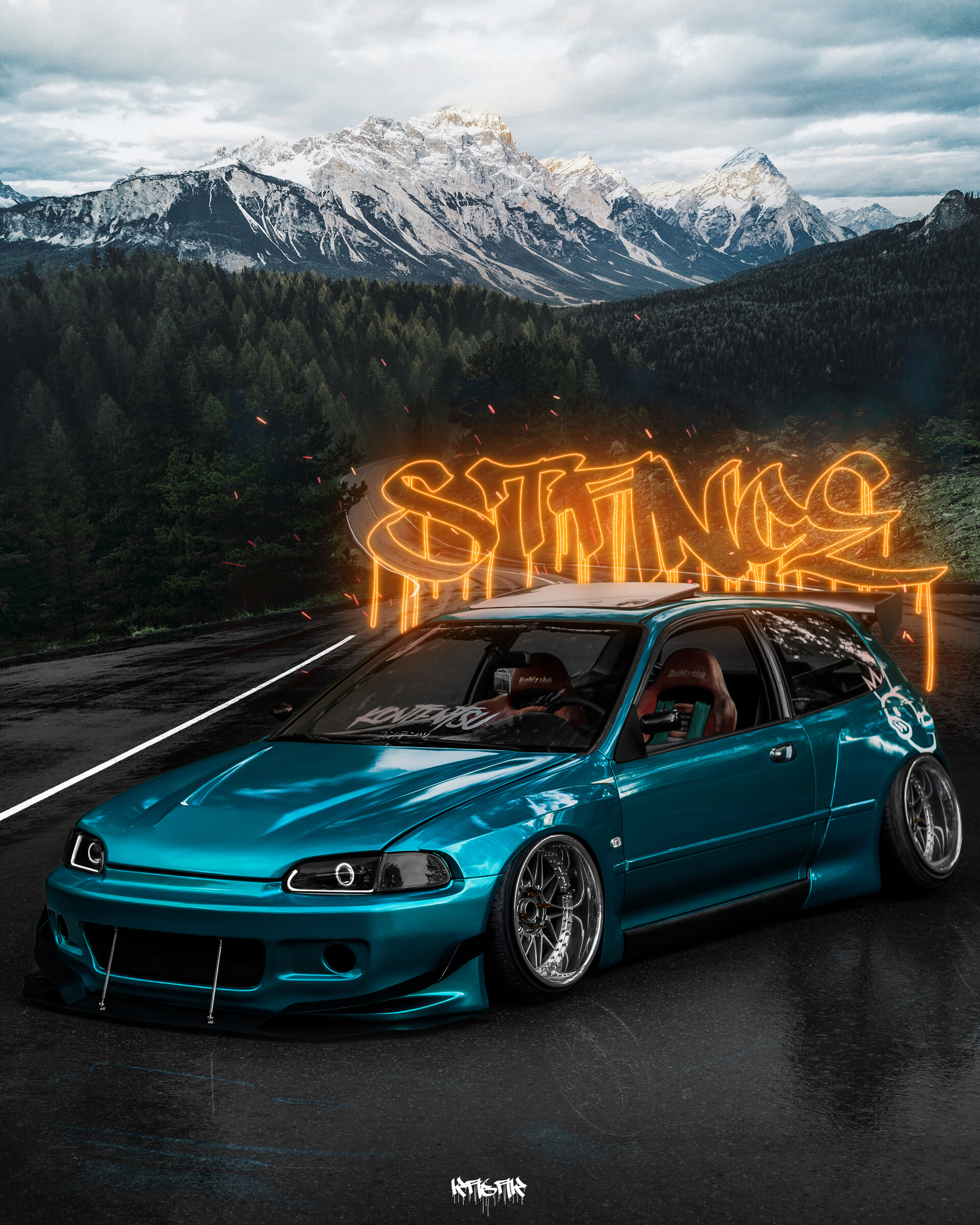 Artstation Honda Civic Mountain Road Japan Low Cars Neon
