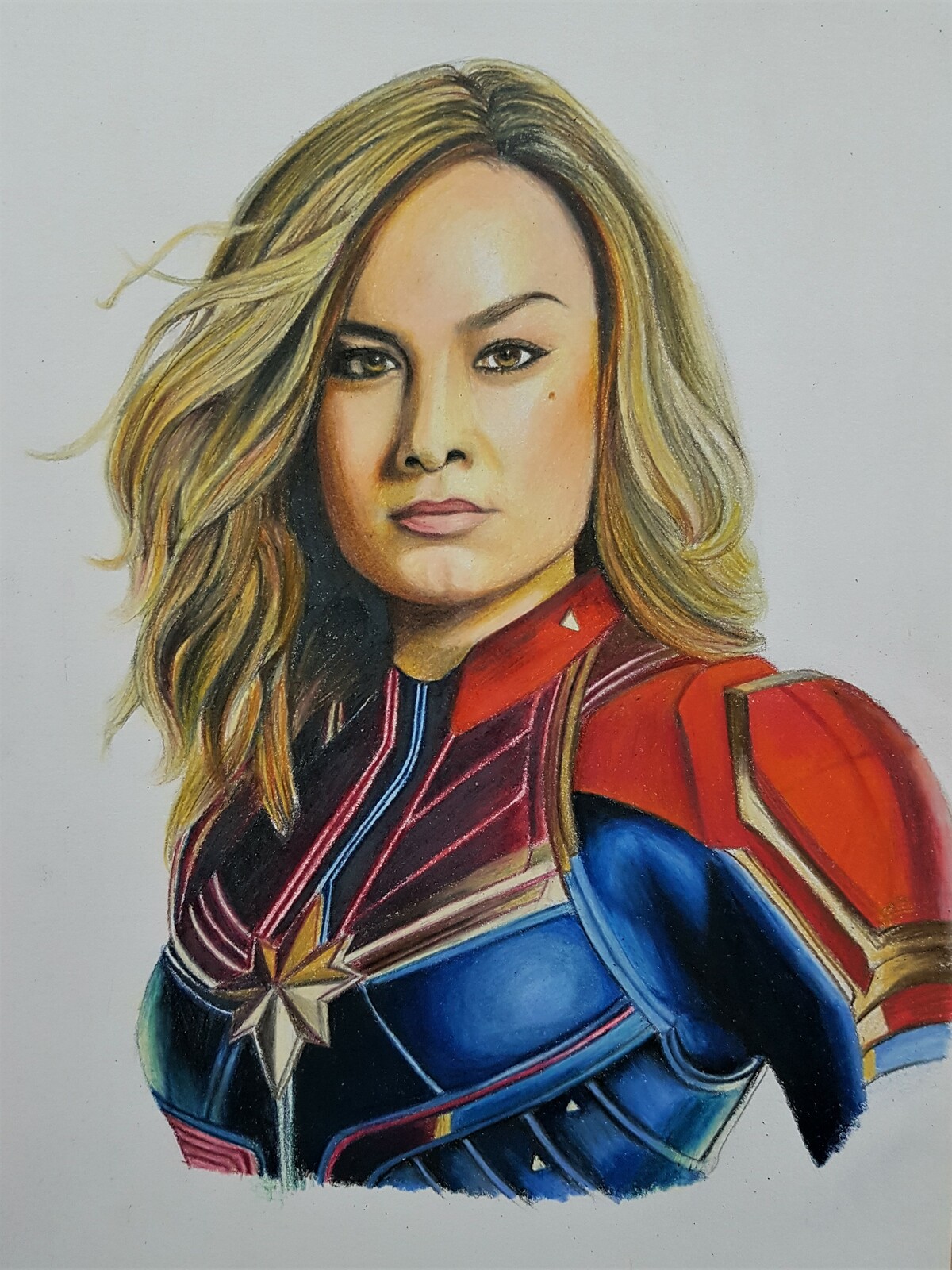Semi-realism sketch of Captain Marvel played by Brie Larson based on Marvel Avengers' Captain Marvel movie (2019)
Medium: Prismacolor pencils on HVS paper. 