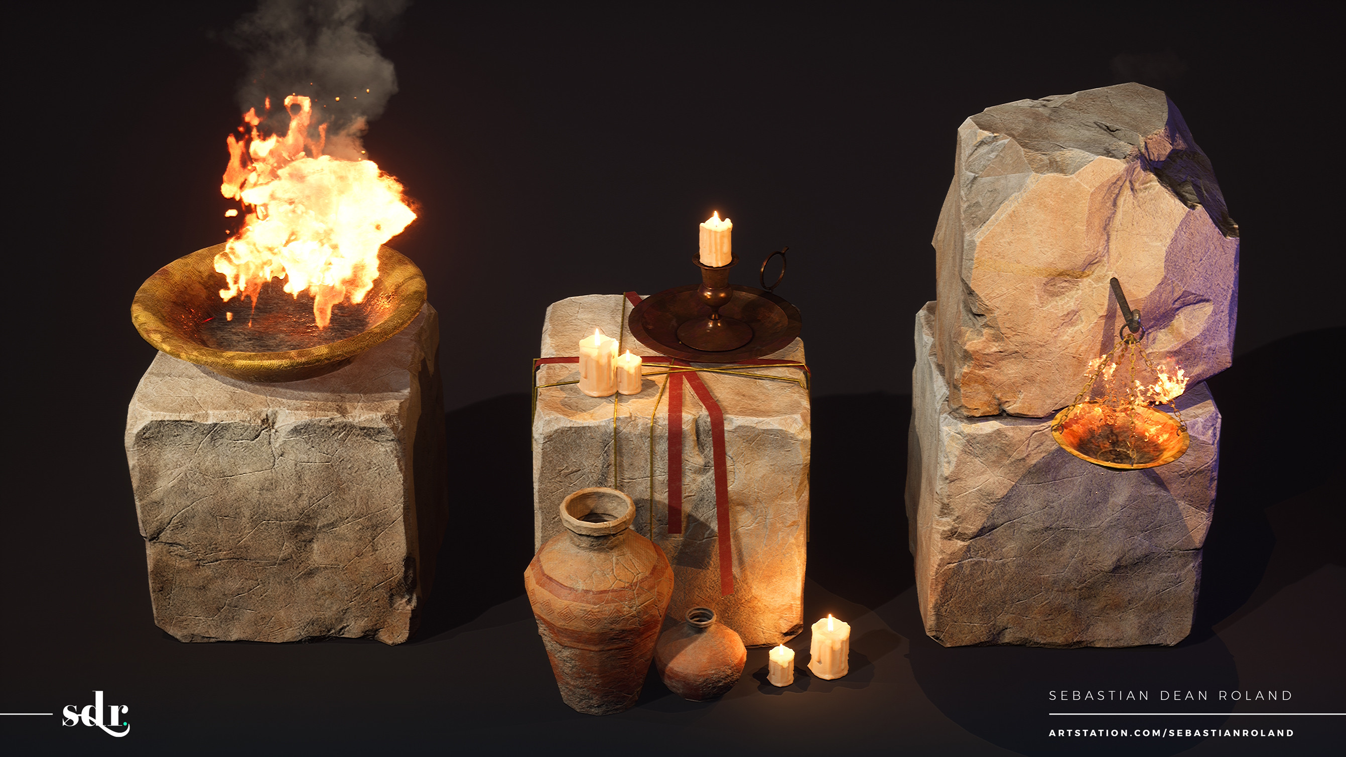 Blueprint Actors and Small Set Pieces: I created the gold threads and cloth as spline meshes in UE4 to allow more modularity for draping them around the environment. The lantern, fire basin and candle are blueprint actors with exposed parameters to allow 