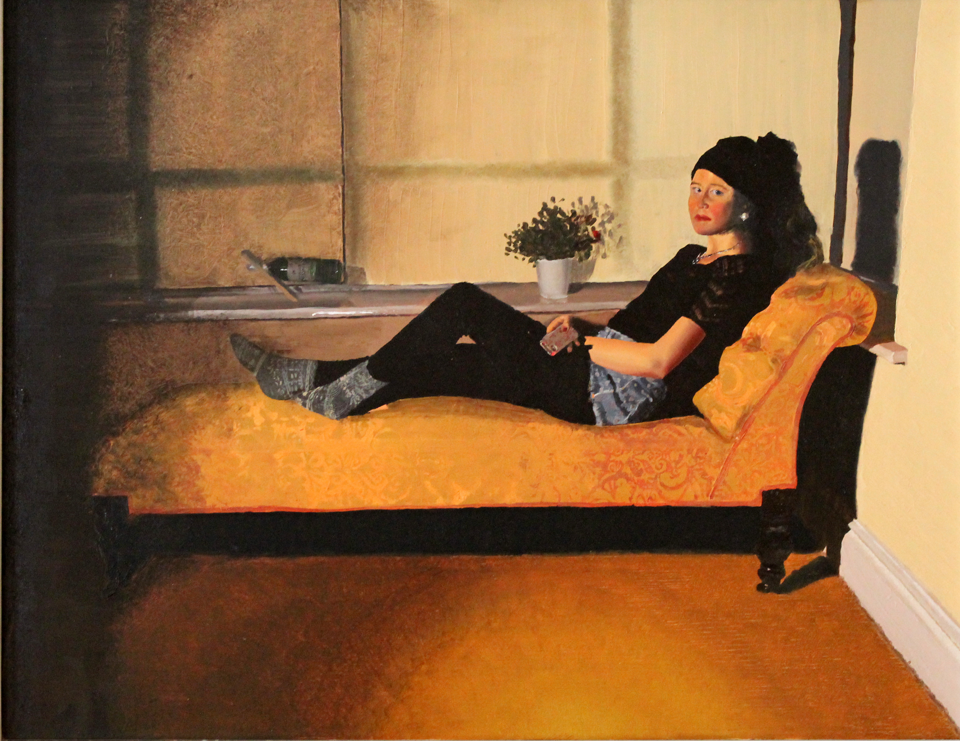 Girl On Chaise Lounge, 2014. Oil on Board. 
