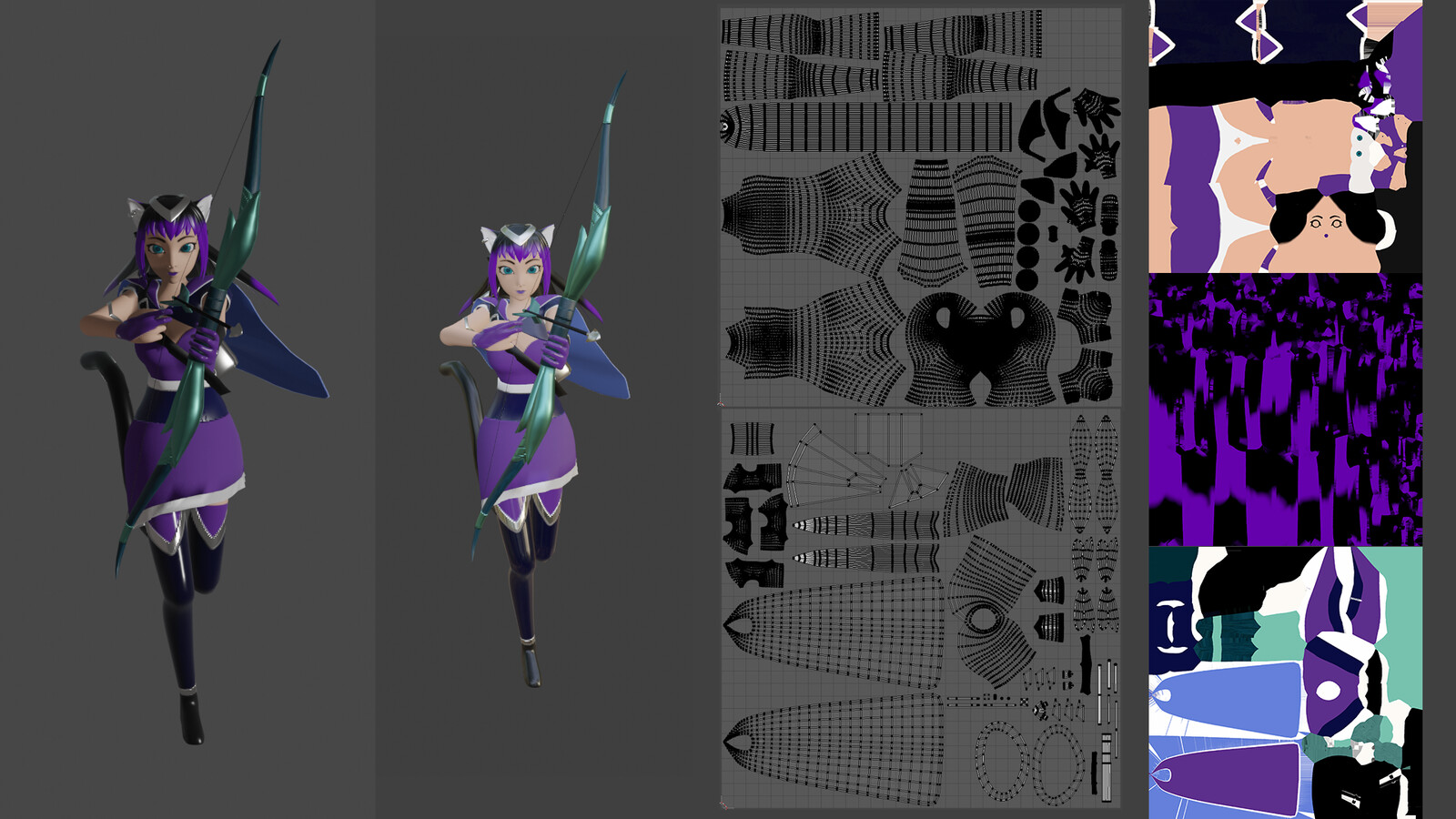 Posed model, the same pose in Lookdev/Viewport Shading, 2/3 UV maps and 3/3 Albedo texture maps
