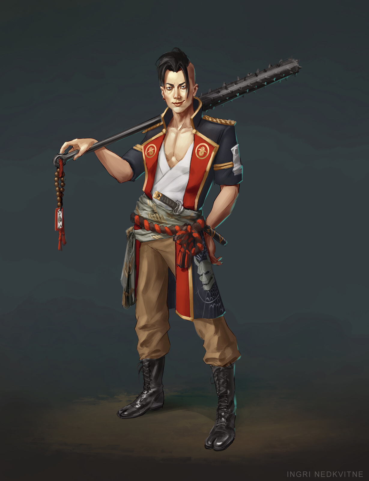 Mischievous,
In it for the fun and the smashing. His Kanabo club he once stole from a demon thinking it would be an excellent way of fighting back. 