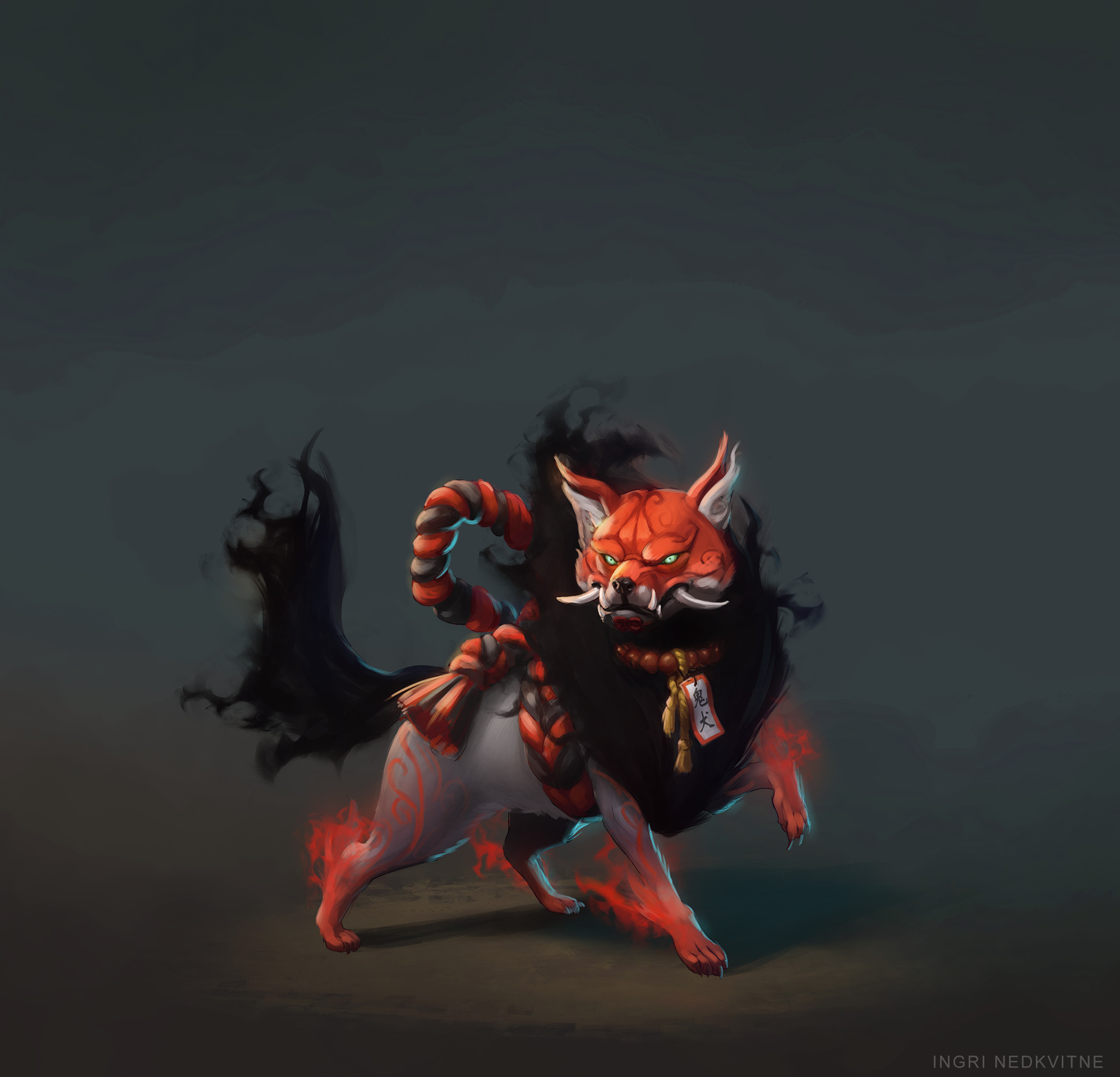 Wild,
Half demon, half dog. Helps the team track and sniff out demons, when his demonic power is fully brought forth through a magical charm. 
