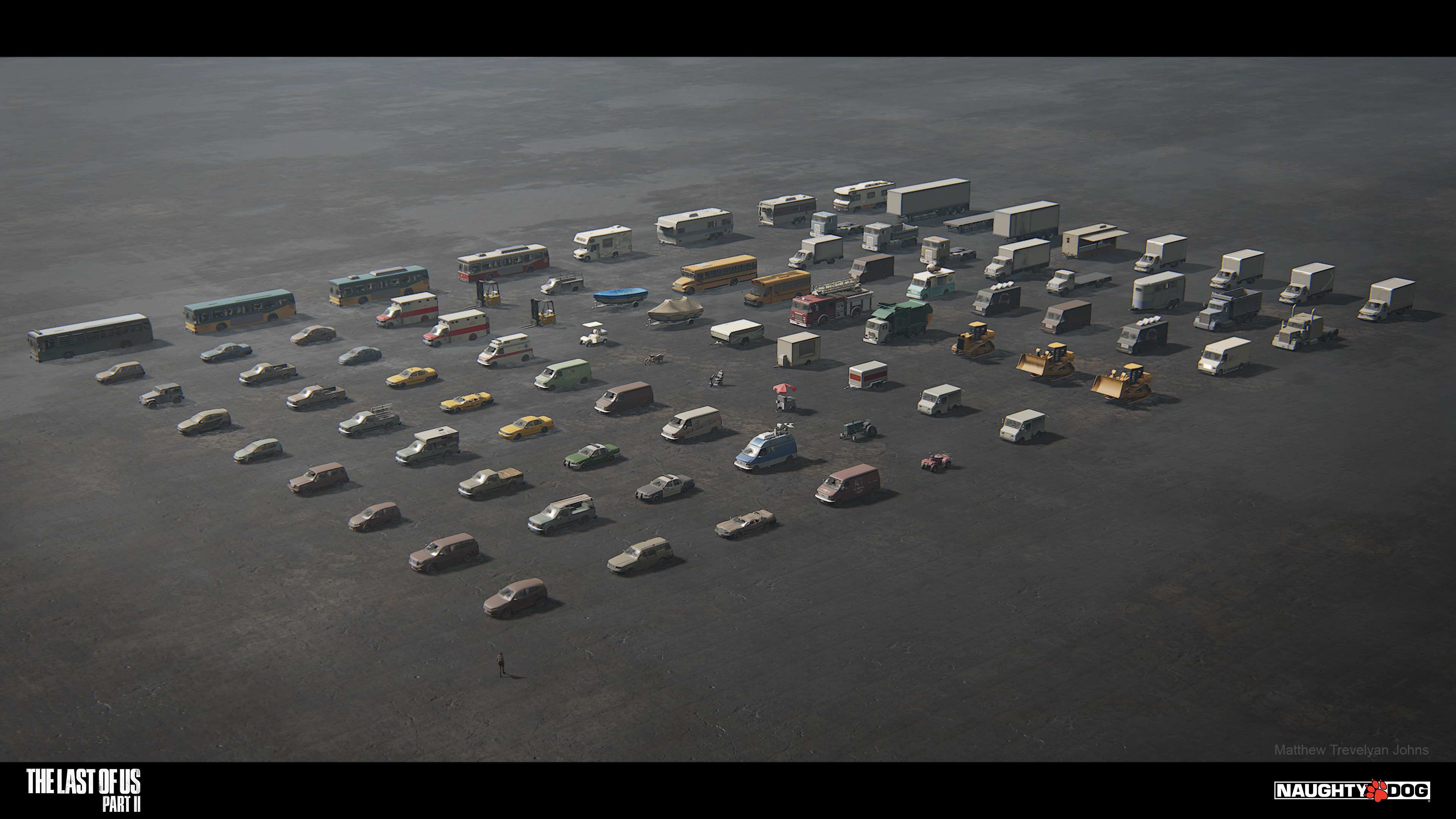 This image shows almost all of the standard vehicle models that featured in the game, most of these would then also receive multiple 'look' shader variations, like snow covered, dusty, mossy etc. Shaders are optimized to reduce in detail at this distance