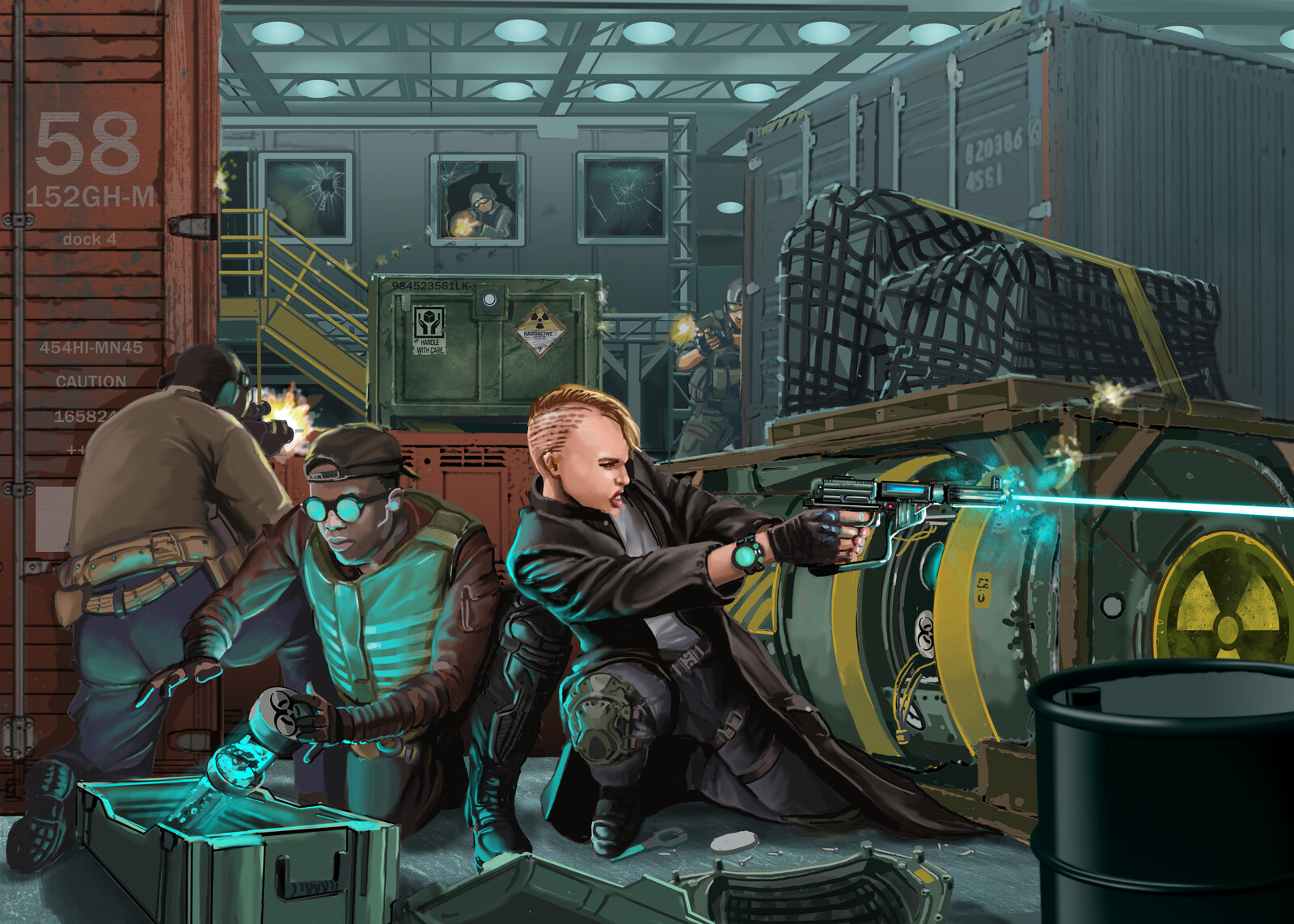 Artwork for Columbia Games depicting a heist on a space station loading dock