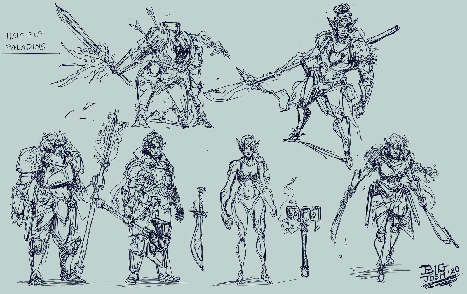 Some outfit explorations for the paladin. I wanted something that was heroic, but a little more weathered and long campaign than a standard fantasy paladin. 