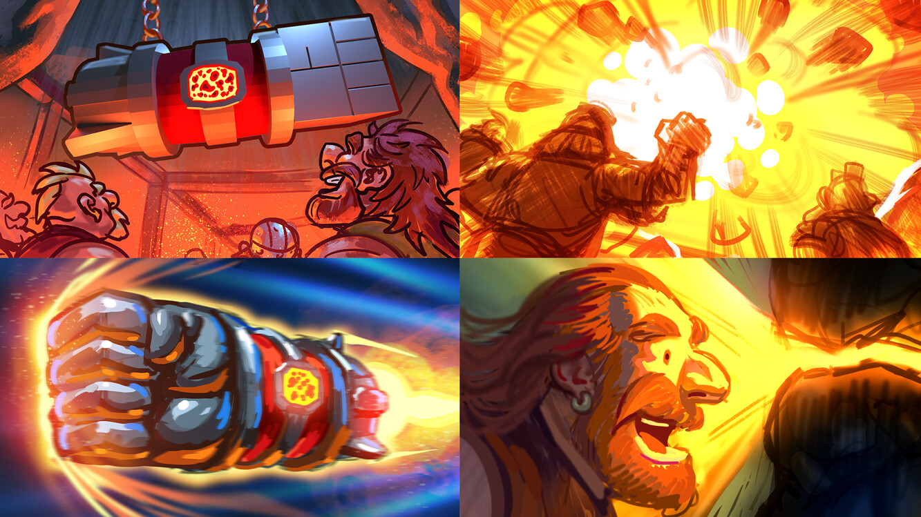 Thumbnails for the bonus transition screen. We wanted to show the dwarves using their new Rocketfist to discover treasure.