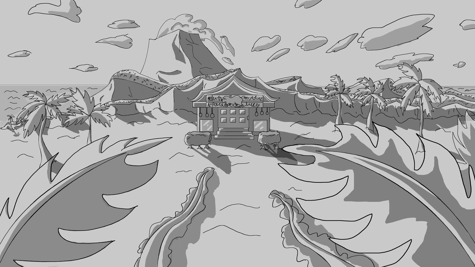 We had to create a background inspired by a fictional world. My inspiration was one of the islands in the Fire Nation (Avatar).