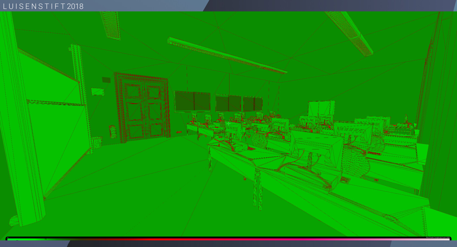 This view mode shows the shader complexity + quad overdraw of one of the rooms.