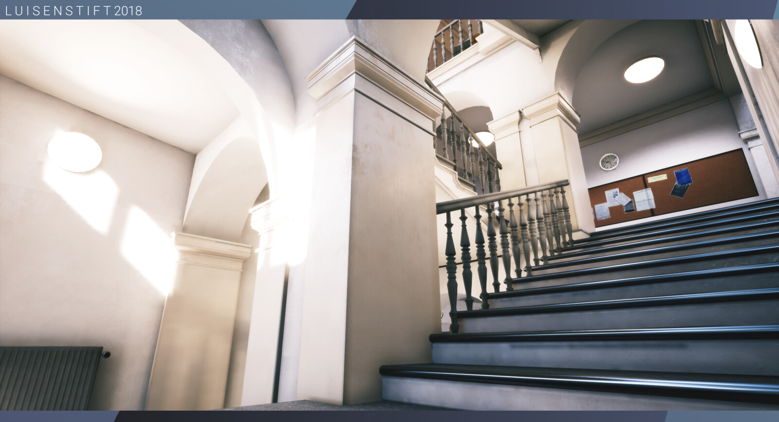 Main staircase, overlooking the first and second floors of the building.
