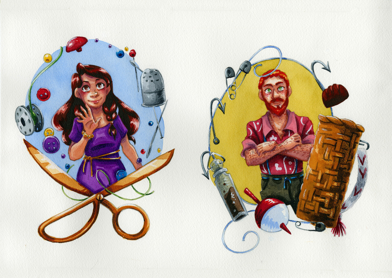 Final cast of characters watercolor illustrations.