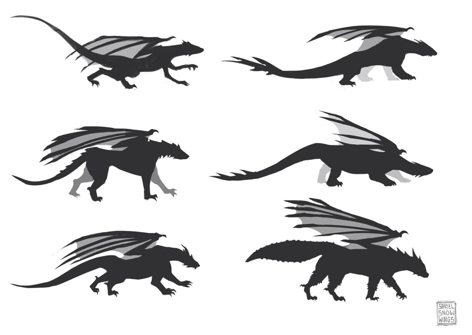 First silhouette work, brainstorming ideas regarding shape, feel, overall body posture to indicate how strong/dangerous/quick/playful... this creature may be
