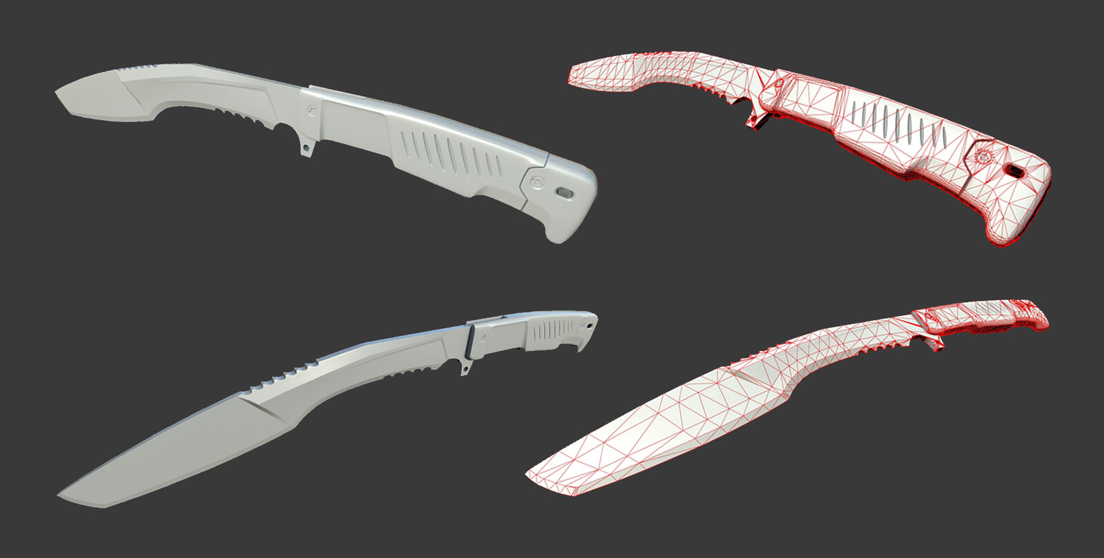 Low-poly after baking high-poly detail to it and wireframe 